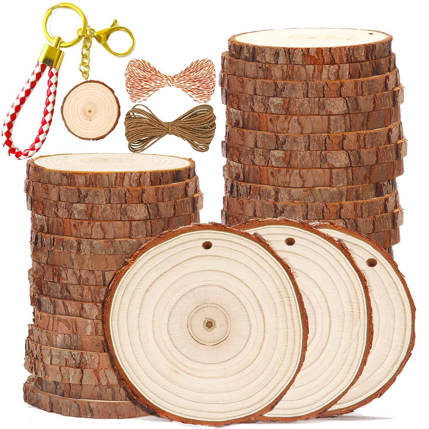 SENMUT Wood Slices 30 Pcs 3.5-4.0 inch Natural Rounds Unfinished Wooden Circles Christmas Wood Ornaments for Crafts Wood Kit Predrilled with Hole Wood Coasters, Craft Supplies for DIY and Painting