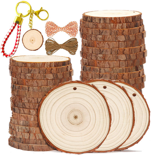 SENMUT Wood Slices 30 Pcs 3.5-4.0 inch Natural Rounds Unfinished Wooden Circles Christmas Wood Ornaments for Crafts Wood Kit Predrilled with Hole Wood Coasters, Craft Supplies for DIY and Painting