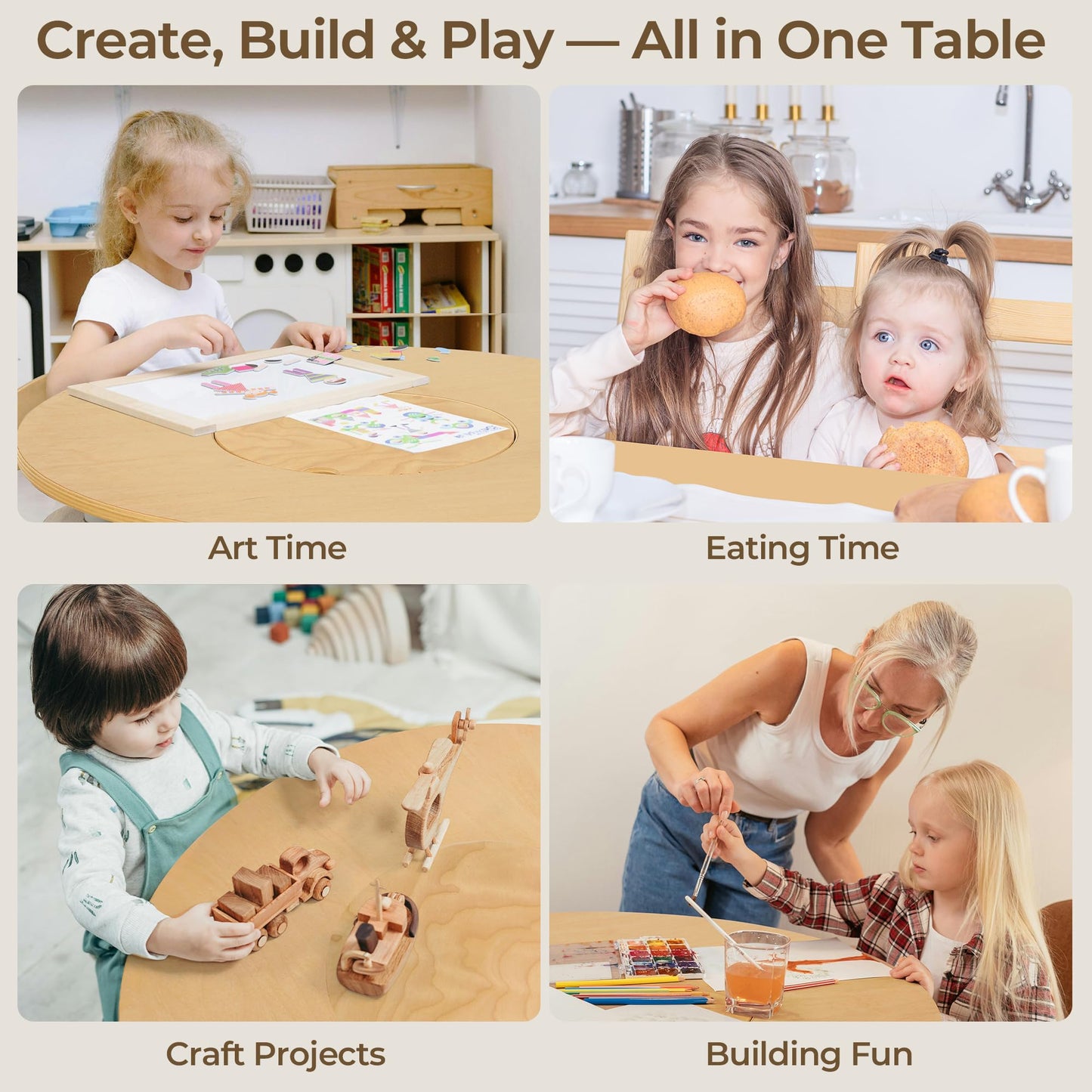 Bateso Kid Round Table and 4 Chairs Set with Storage Tub, Wooden Toddler Table Chair for Arts, Crafts, Eating, Learning, Kid Play and Activity Table for Home, Daycare or Playroom