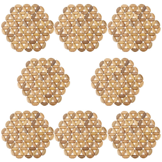 8 Pcs Bamboo Trivet Mat, 9.45 in Heat Resistant Table Protector Mats, Hexagonal Flower Design Hot Pads for Hot Dishes, Tea Coffee Pot, Plates, Pans and Bowls, Dining Kitchen Use
