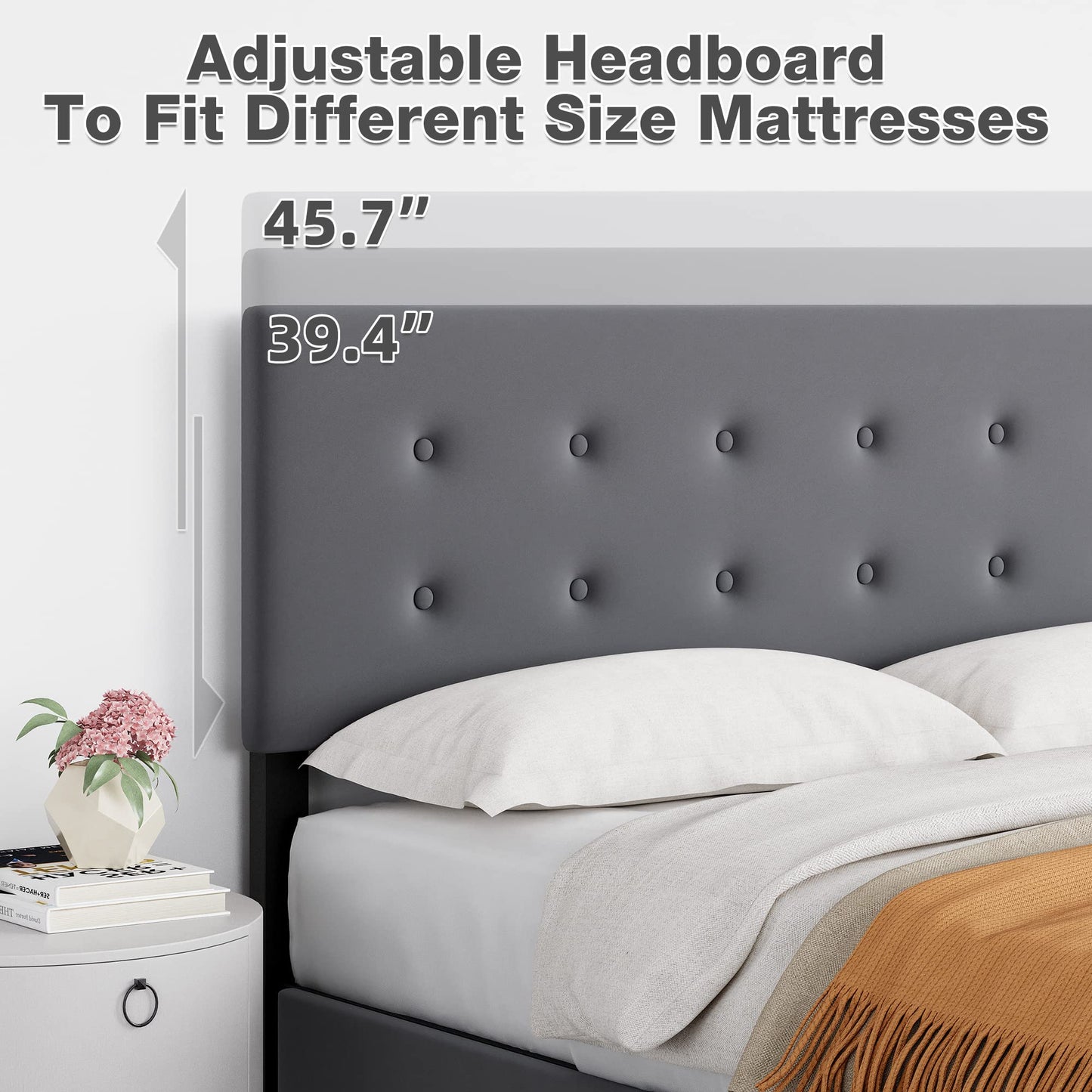 GAOMON Queen Bed Frame with 4 Storage Drawers and Adjustable Headboard, Grey Bed Frame Queen Size Platform Bed Frame with Large Storage and Wooden Slats Support, No Box Spring Needed, Noise-Free