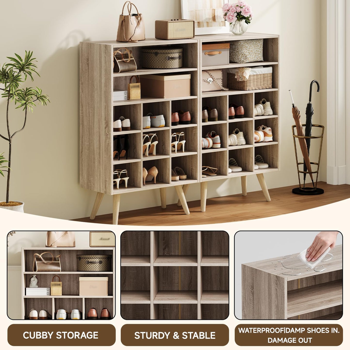 MIKORYS2X 5 Tiers Shoe Cubby, Shoe Storage Cabinet with 9 Cubbies, Wooden Shoe Rack Organizer with 2 Shelves and Legs, 10-15 Pairs, Freestanding Cubby Shoe Rack for Closet, Entryway, Bedroom, Natural