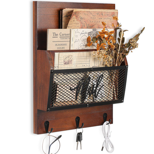 Yalikop Farmhouse Mail Organizer Wall Mounted Rustic Mail Holder Hanging Key Sorter with 3 Hooks Indoor Wooden Wall Mounted, Letter, Magazines, Newspapers, Keys (Classics,Dark Brown)