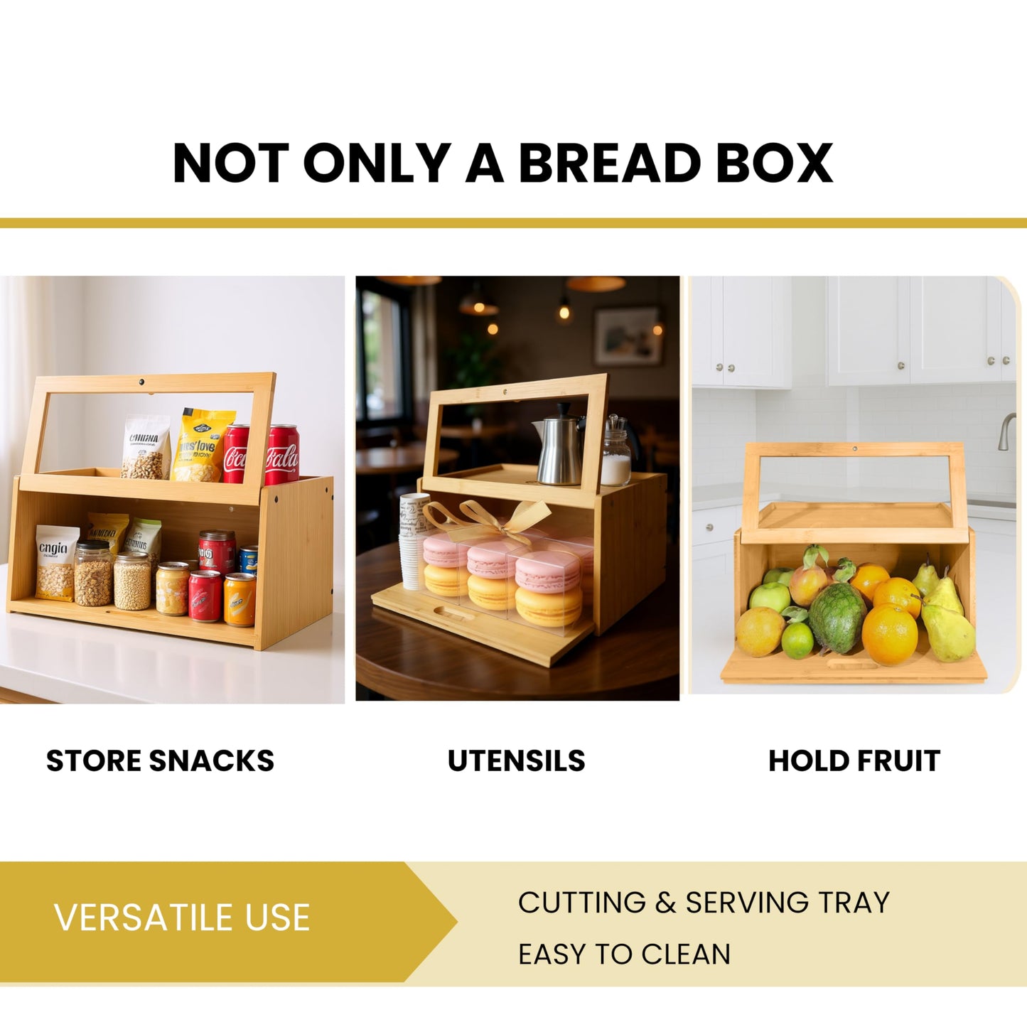 KuraHouse Bamboo Bread Box with Sliding Lid – Large Bread Box with Transparent Window – Bread Holder for Kitchen Countertops – Bamboo Bread Storage Container