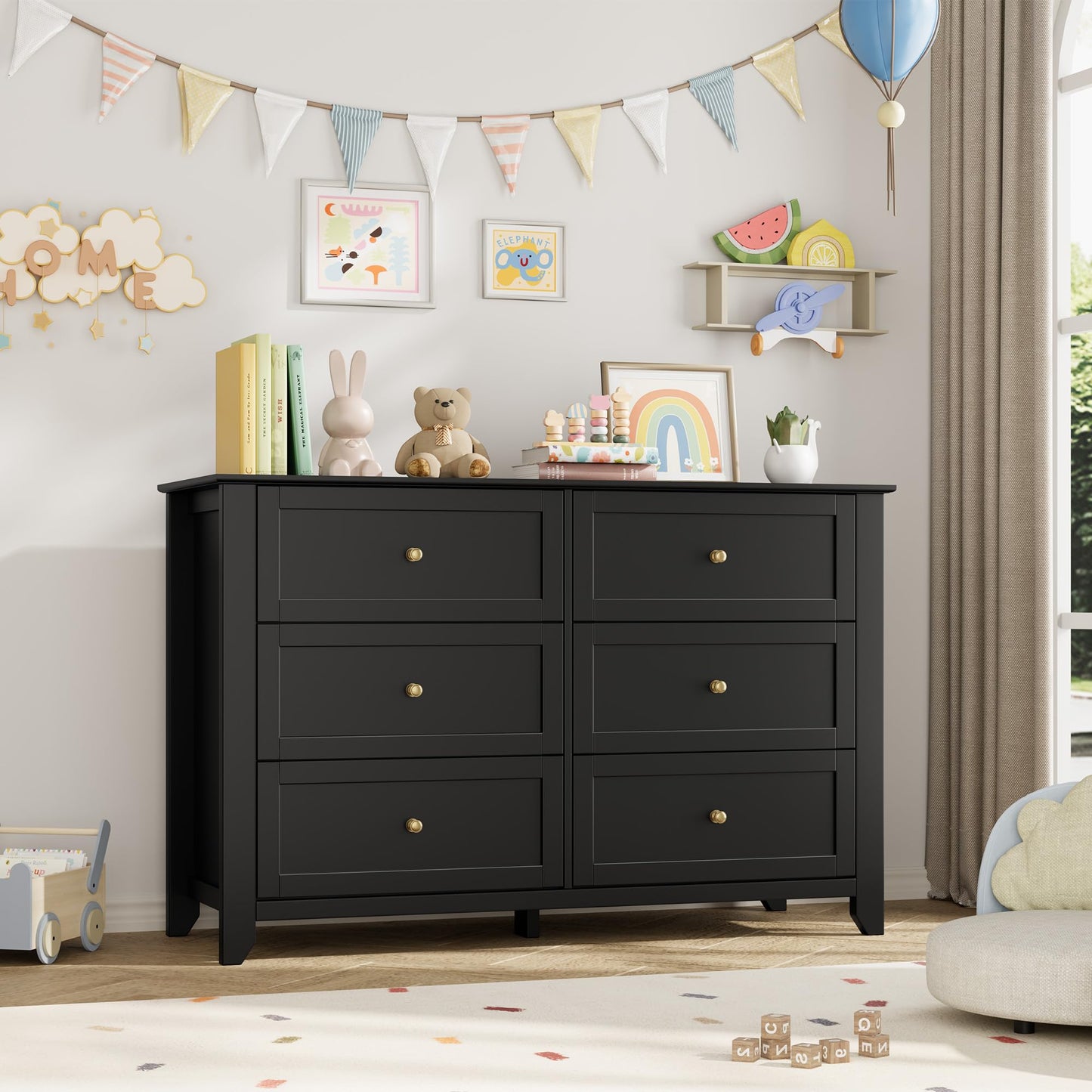 Garvee 6 Drawer Dresser for Bedroom, 47.2" Wide Modern Large Chest of Drawers with Metal Knobs, Wooden Clothes Storage Organizer for Closet, Nursery, Living Room, Apartment, Black