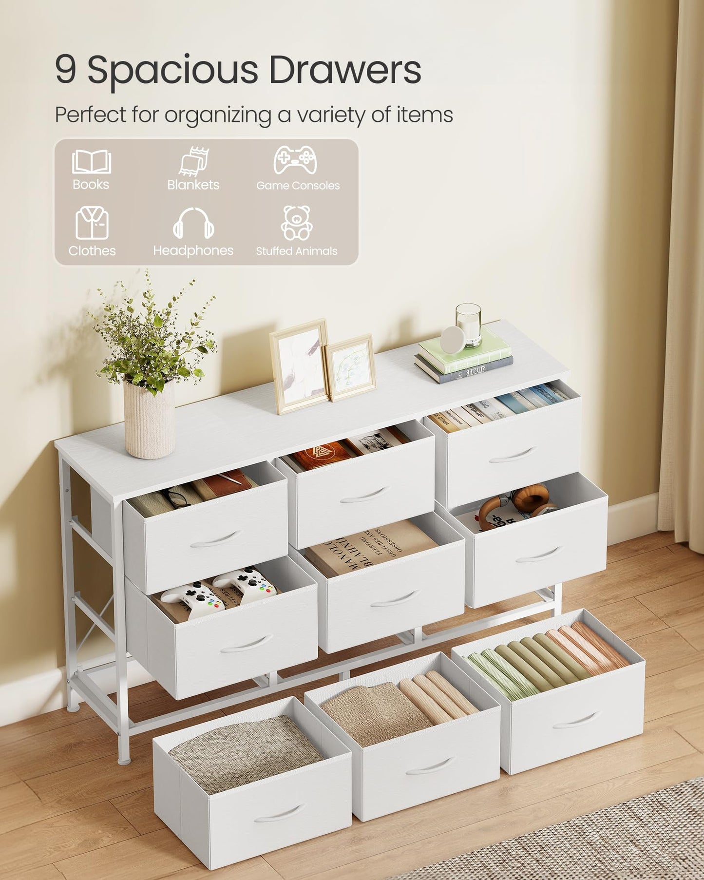 SONGMICS BELLAH Collection - Dresser for Bedroom, TV Stand for TVs Up to 55 Inches, Chest of Drawers for Living Room, Closet, Steel, 9 Drawers, Modern, Cloud White ULGS033WH02S