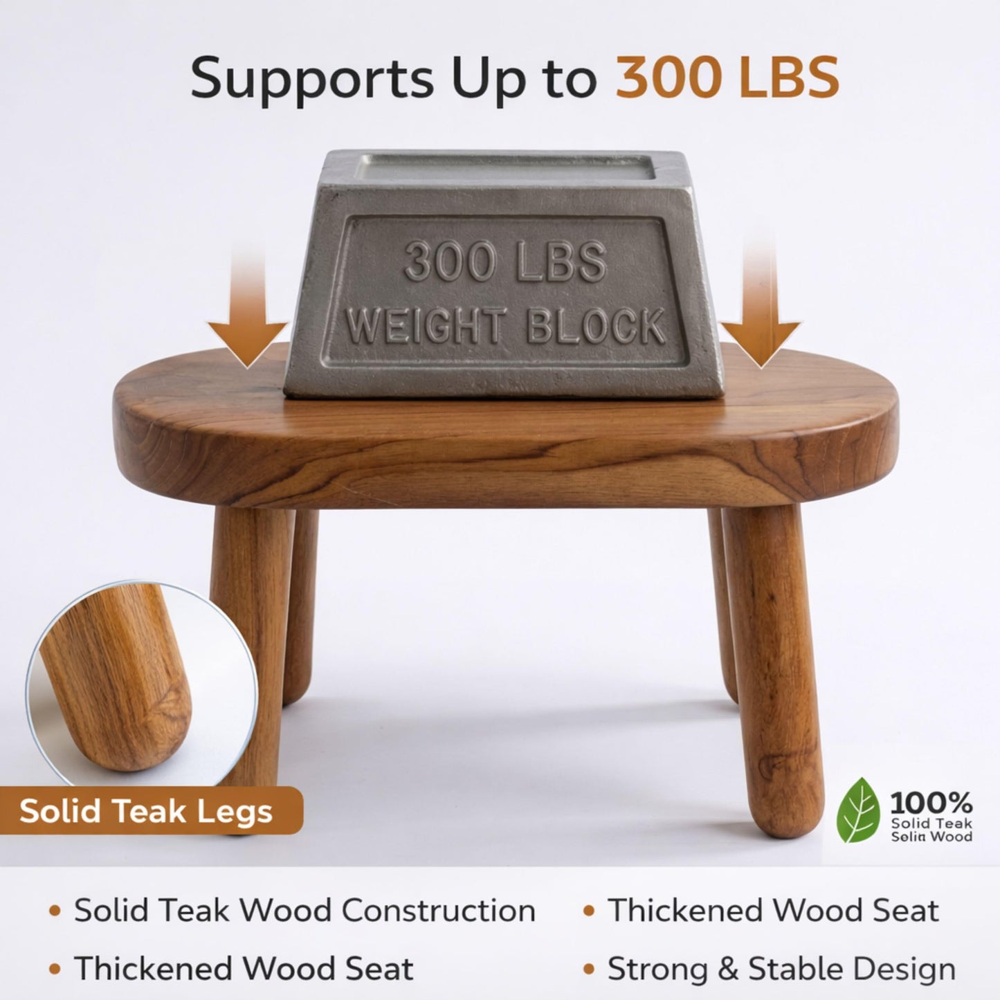 Teak Step Stool Heavy Duty Wooden Stepping Stools for Adults Kids with 4 Legs,Bed Steps for High Beds