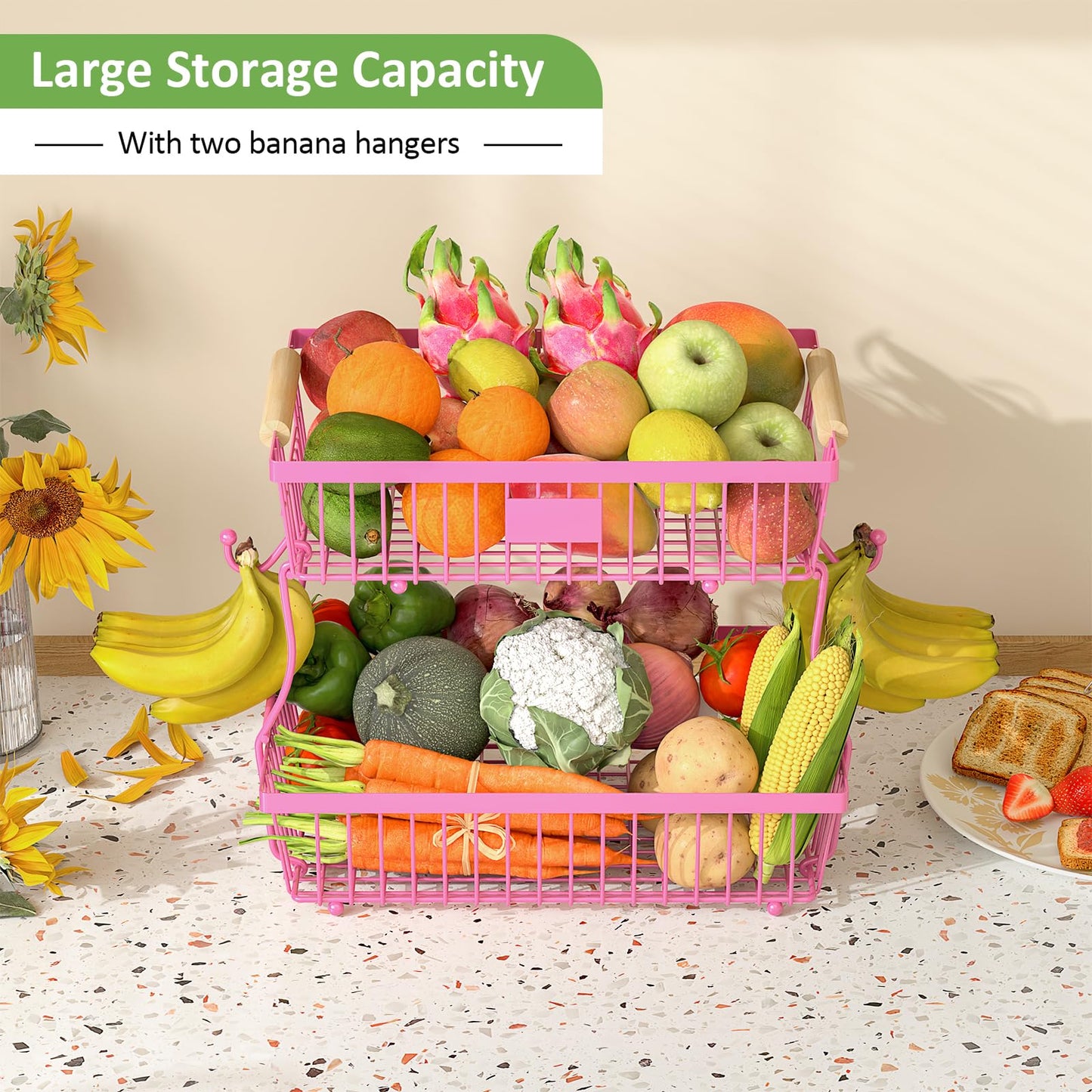 2 Tier Fruit Basket for Kitchen Counter with 2 Banana Hangers, Countertop Metal Fruit Bowl with Wooden Handle, Large Storage Stand for Vegetables, Snacks, Breads, Produce Storage – Rose Pink