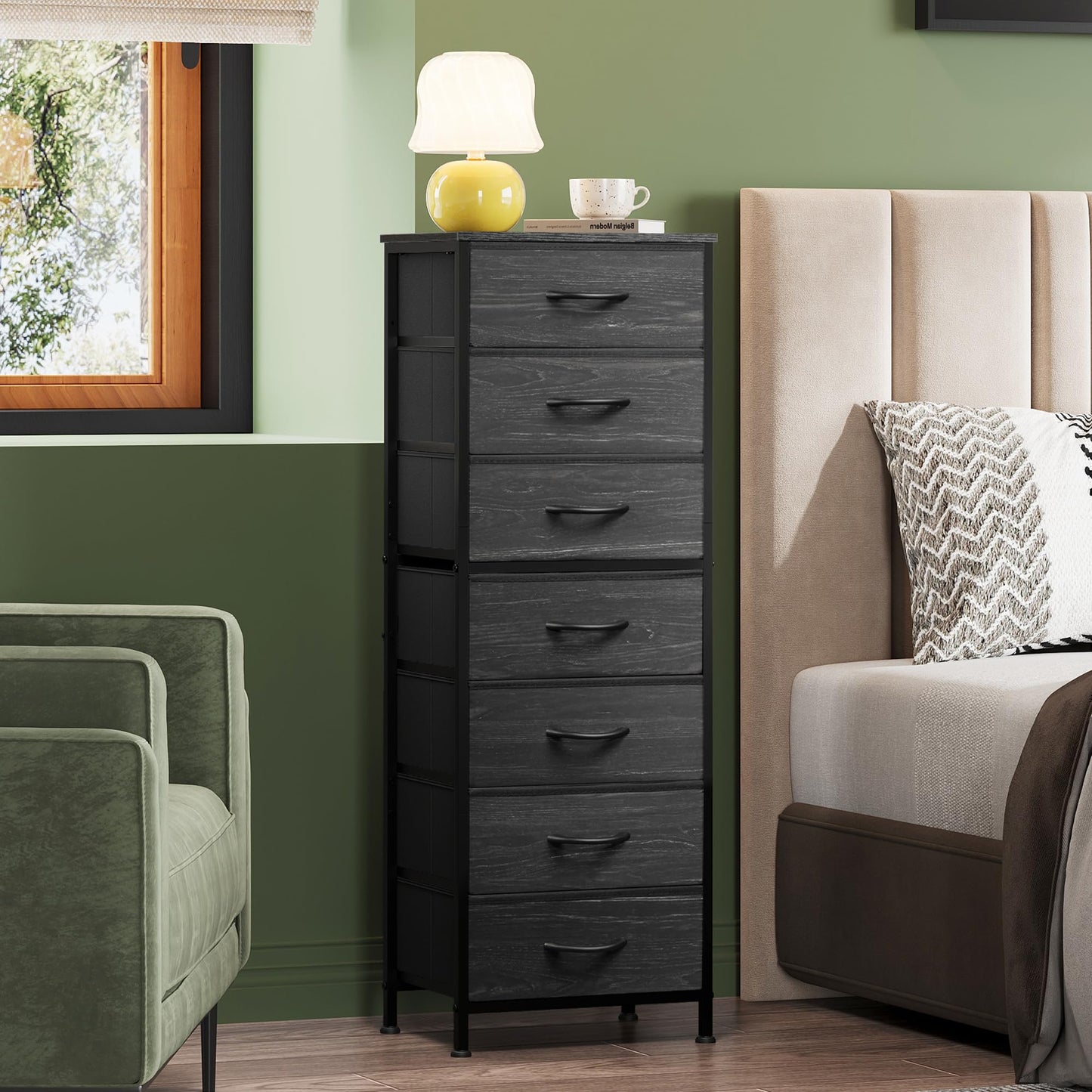 WLIVE Tall Dresser for Bedroom, 7 Drawer Dressers & Chests of Drawers, Fabric Dresser for Closet, Night Stand with Metal Frame, Storage Tower with Fabric Bins, Woodtop, Charcoal Black Wood Grain Print