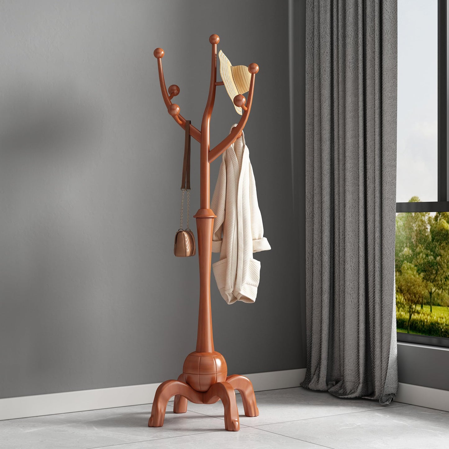 GAMNOF Wood Freestanding Coat Rack with 8 Hooks Coat Tree Standing,Brown