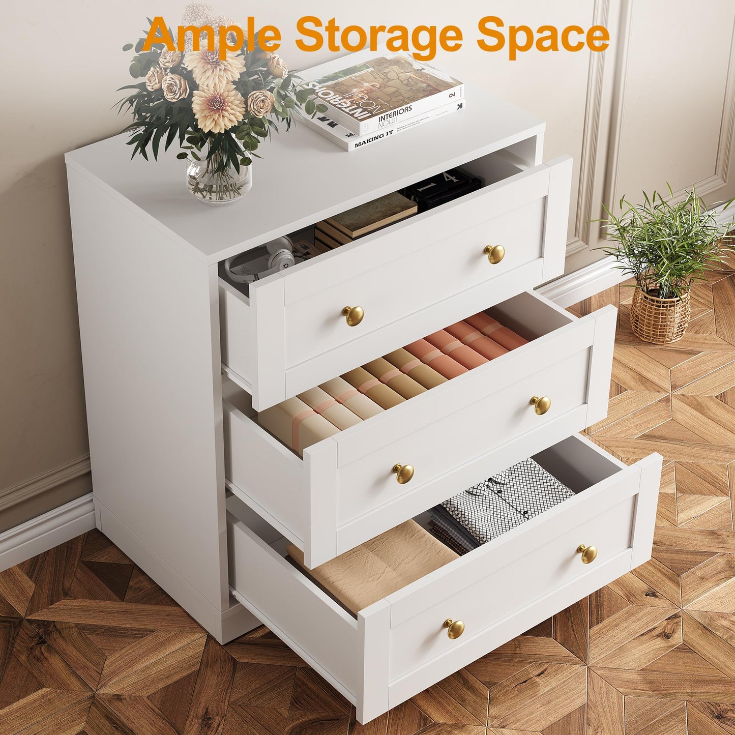 RoyalCraft White 3 Drawer Dresser, Small Dresser for Bedroom, Wood Nightstand with Drawers, Modern Chest of Drawers for Closet, Living Room, Entryway