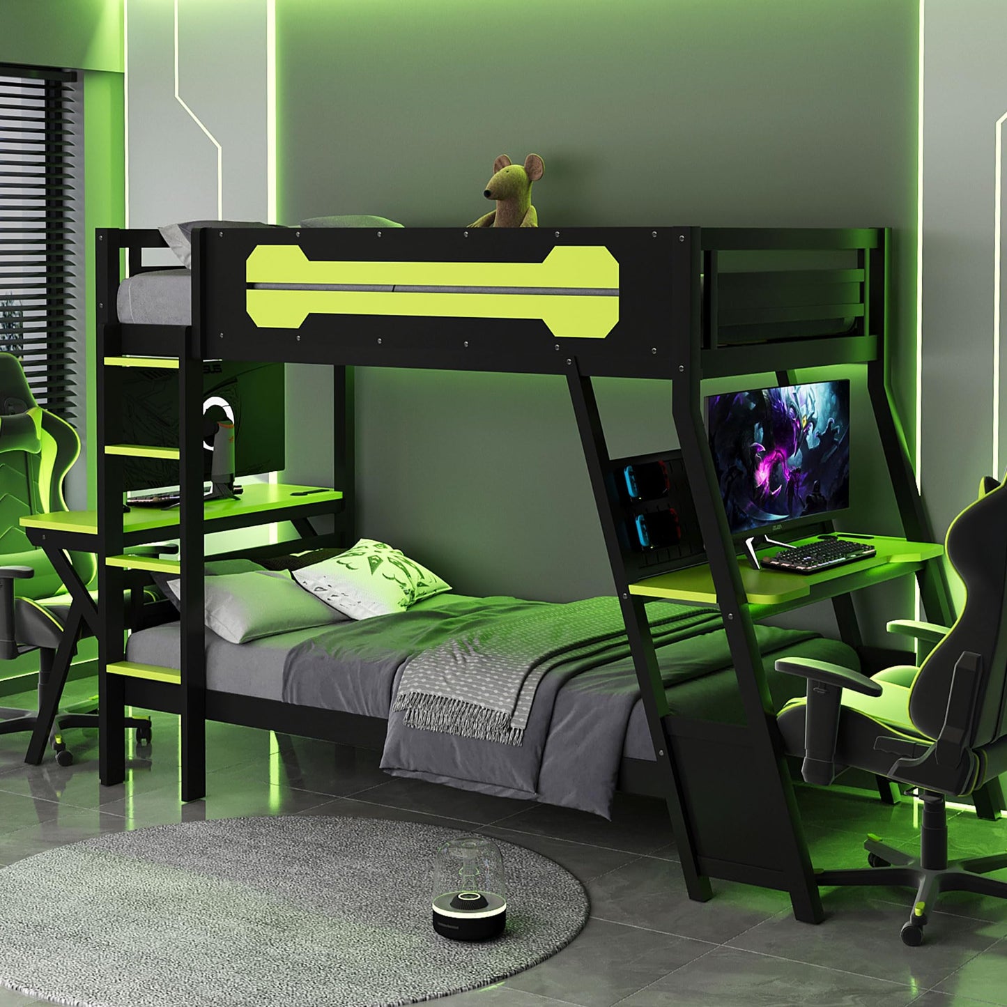 DNYN Gaming Bunk Bed with Dual Built-in Desks and USB Ports for Teens/Adults Bedroom, Twin Size Wooden Bed Frame with Pegboard Organizer/Ladder/Guardrails, No Box Spring Needed & Space-Saving