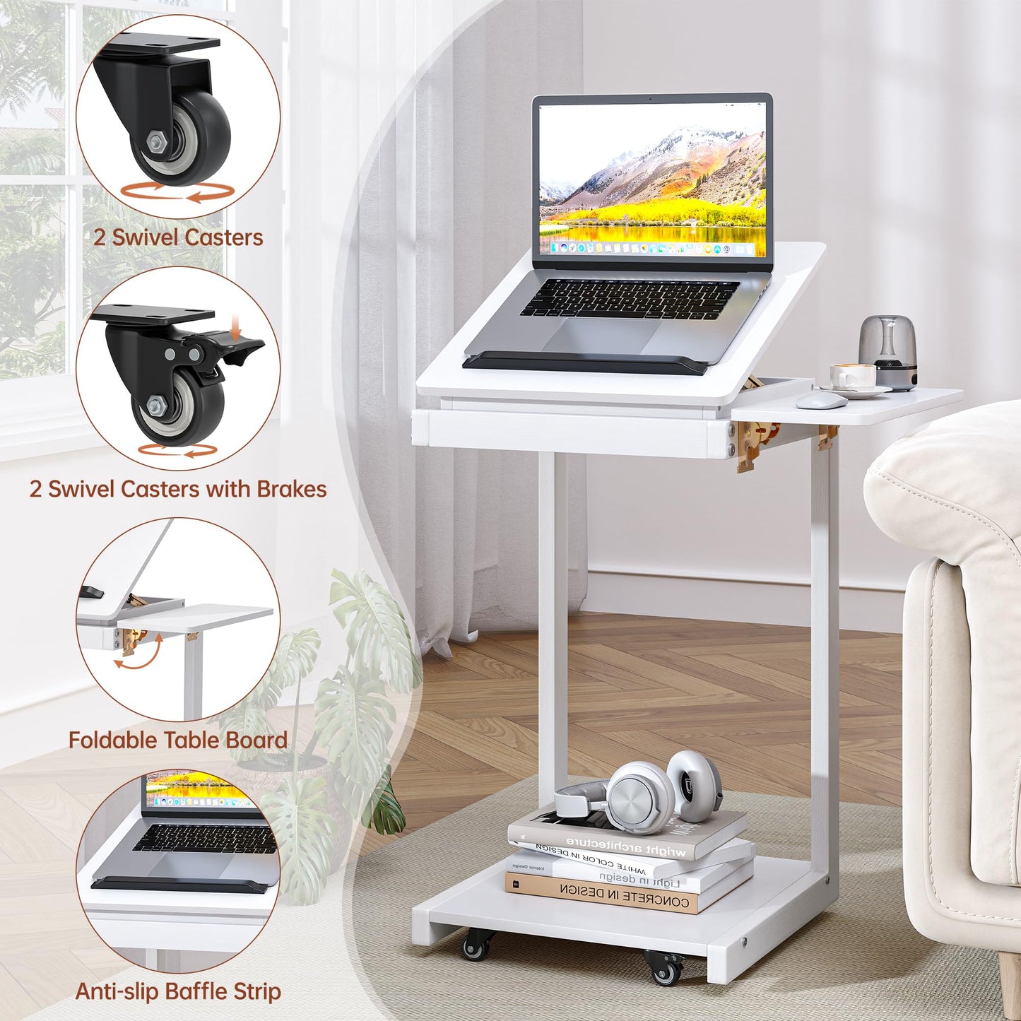 OtterOasis C Shaped End Table, Rolling Side Table with 4-Way Convertible Desktop, Wooden C Table with Multi-Functional Folding Tray & Small Chair, Side Table for Couch, Living Room, Bedroom, White