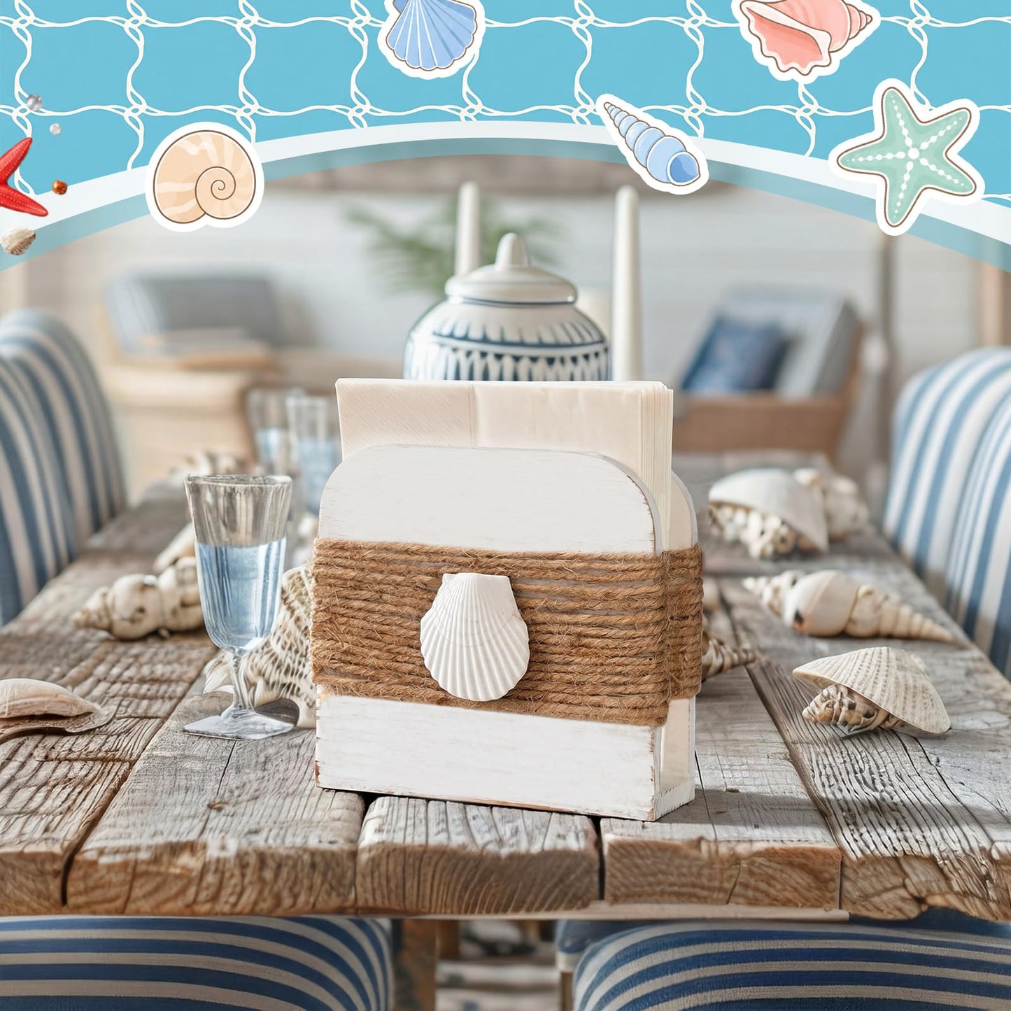 Ferrochef 2 Pack Coastal Natural Napkin Holder for Table, Beach Theme White Wooden Napkin Holders Tissue Dispenser for Table Kitchen Dining Coastal Room Home Decor