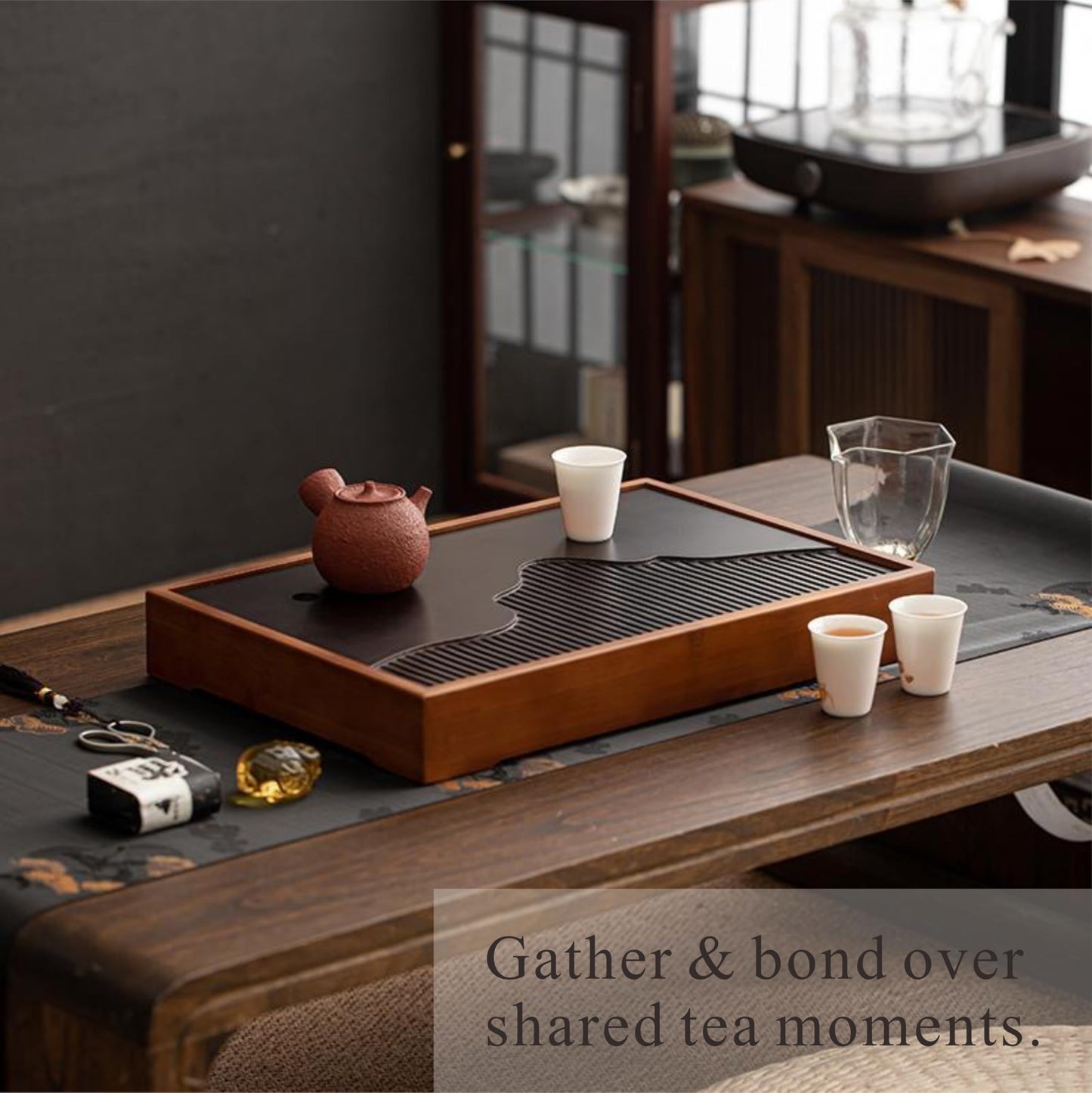 Bamboo Tea Tray & Table Set - Chinese Gongfu Tea Serving Tray with Tea Brush, Compact & Portable (11.8 Inch)