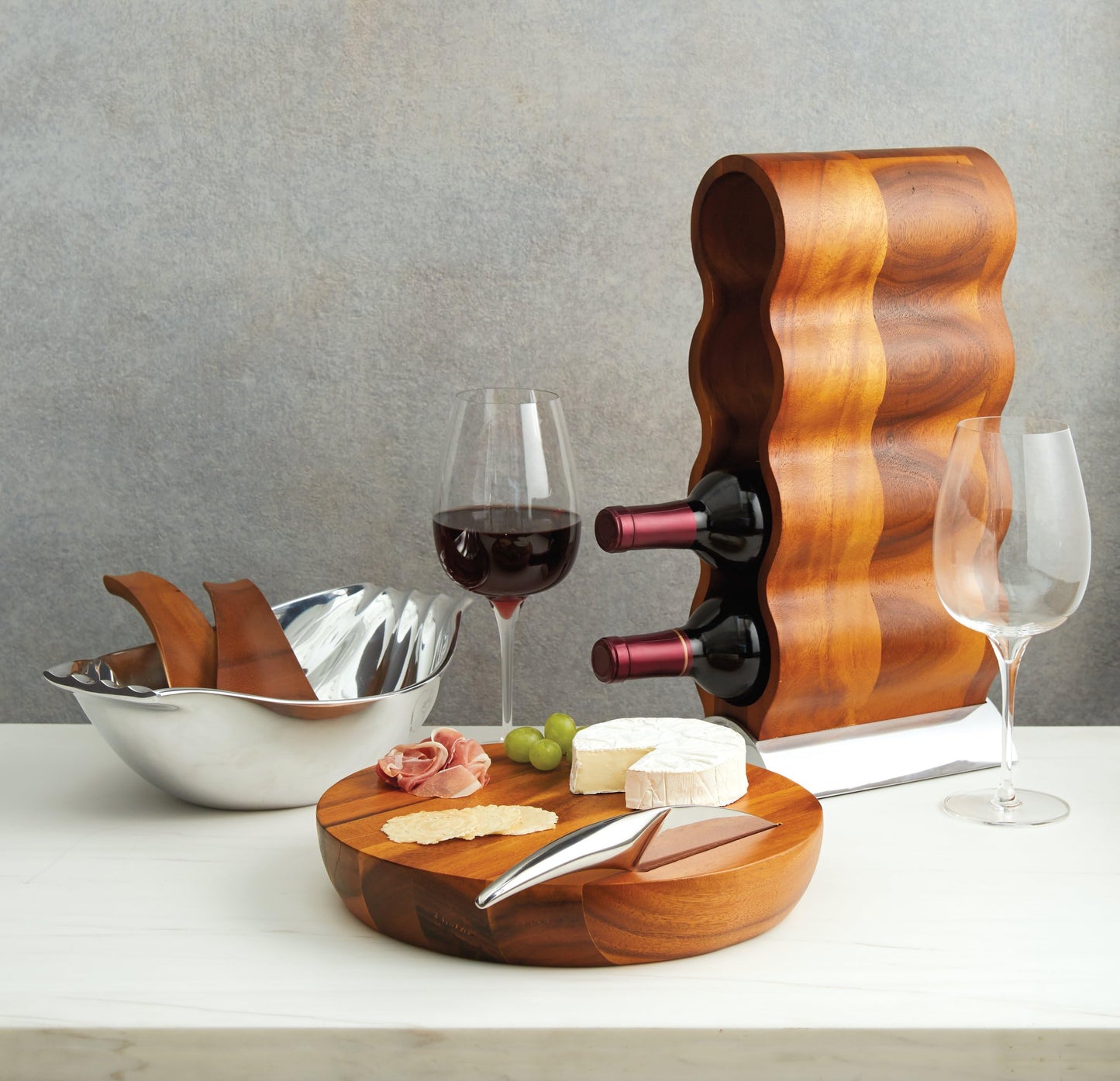 Nambé Curvo Wine Rack - 4-Bottle - Modern Sculptural Holder with Acacia Wood Frame & Nambé Alloy Base, Elegant Countertop Storage for Dining Room, Kitchen Bar & Home Décor