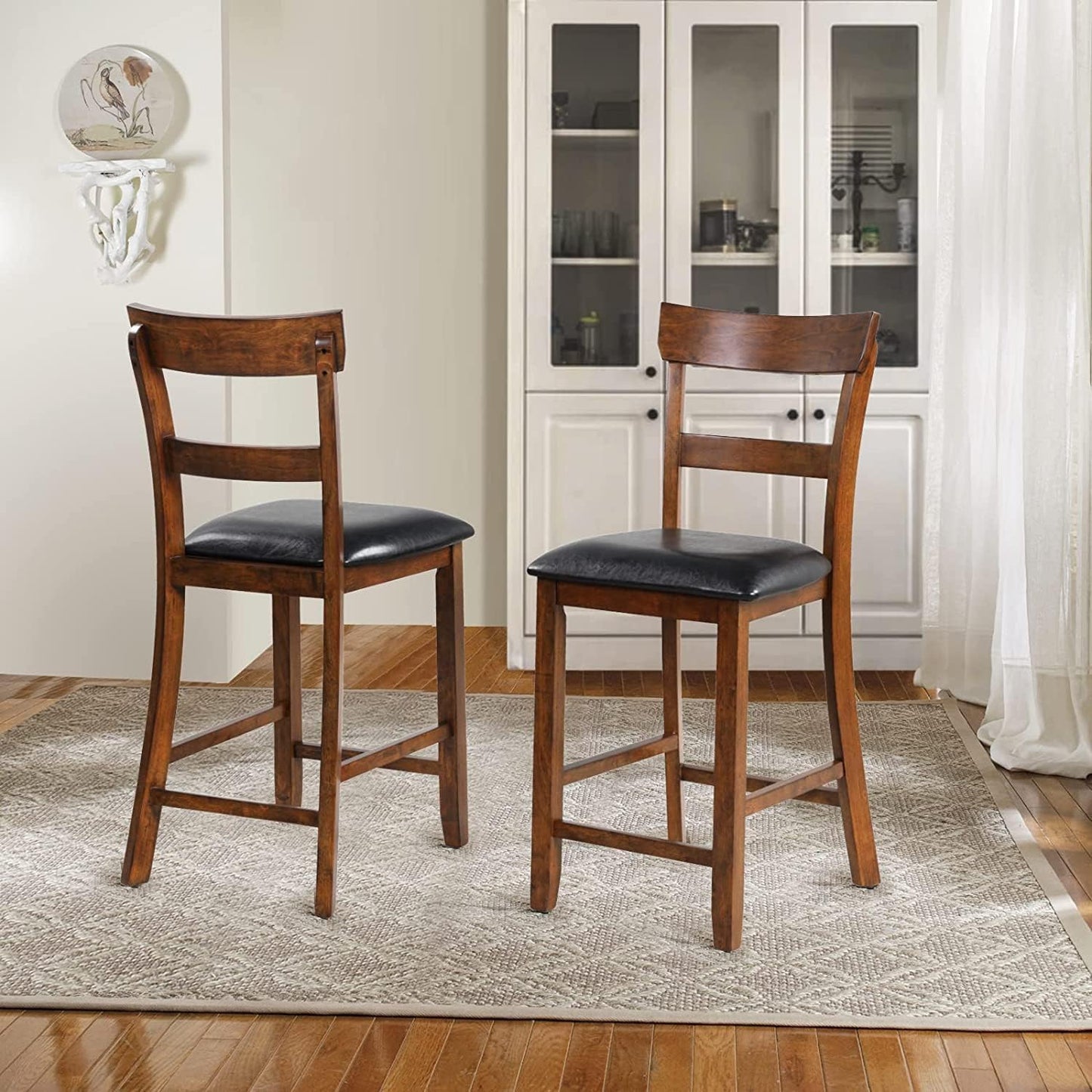 NAFORT Counter Height Bar Stools Set of 4, Farmhouse 25.5” Wood High Dining Chairs, Counter Stools with Back for Kitchen Restaurant Bar, Rubberwood Legs & Black PU Leather Cushion