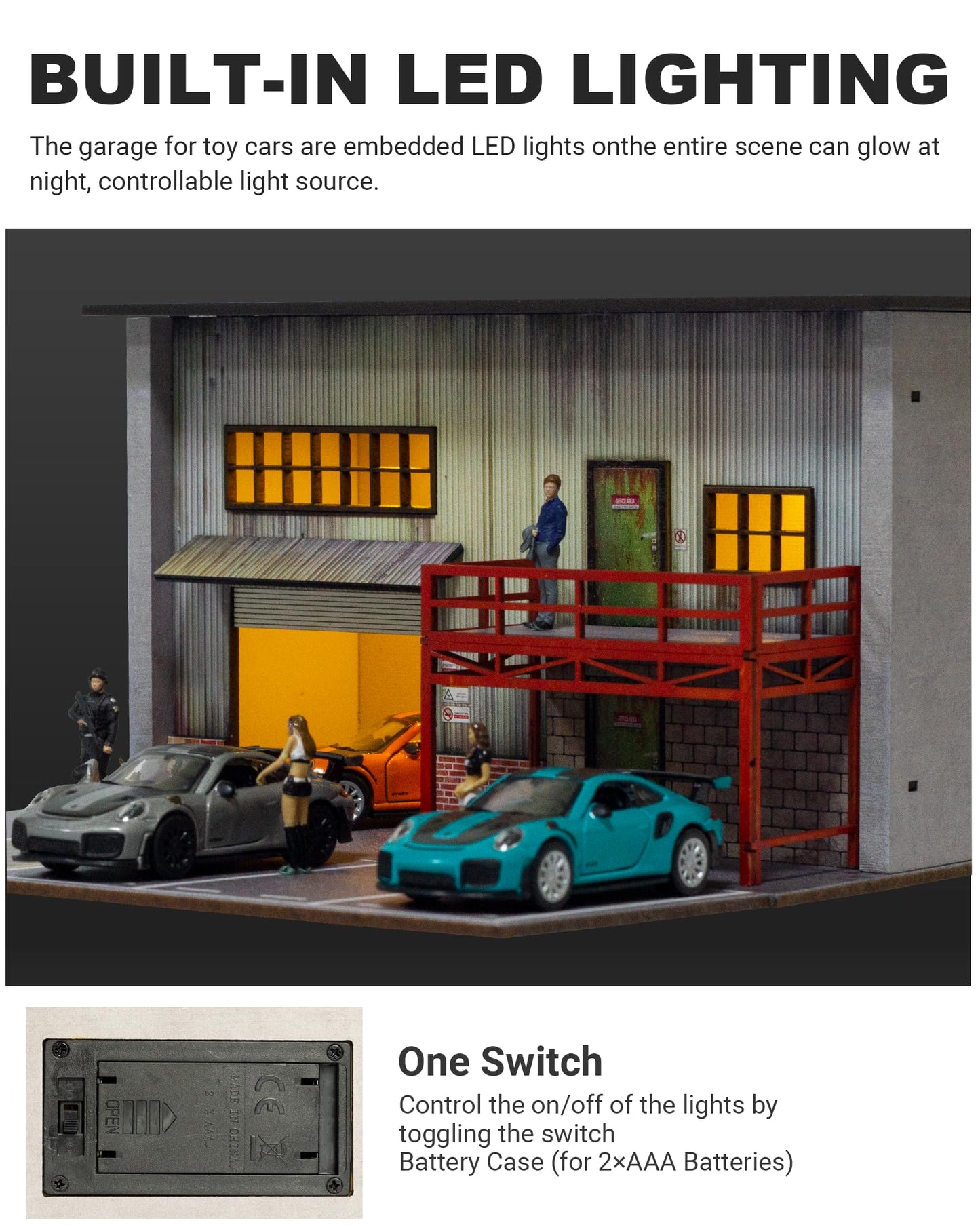 1/64 Scale Diecast Display Case, Wooden American Style Toy Car Garage Model with LED Light, 4-Parking Spaces Diorama Showcase for Hot Wheels and Matchbox Cars Storage