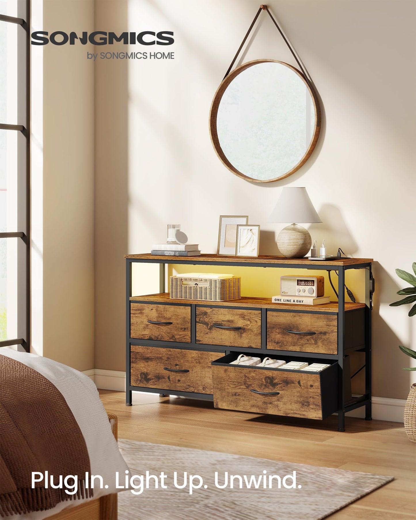 SONGMICS BELLAH Collection - Dresser for Bedroom with App-Controlled LED Lights and Charging Station, Chest of Drawers, TV Stand, 5 Drawers, Shelf, Industrial, Rustic Brown and Ink Black ULGS723KD05S