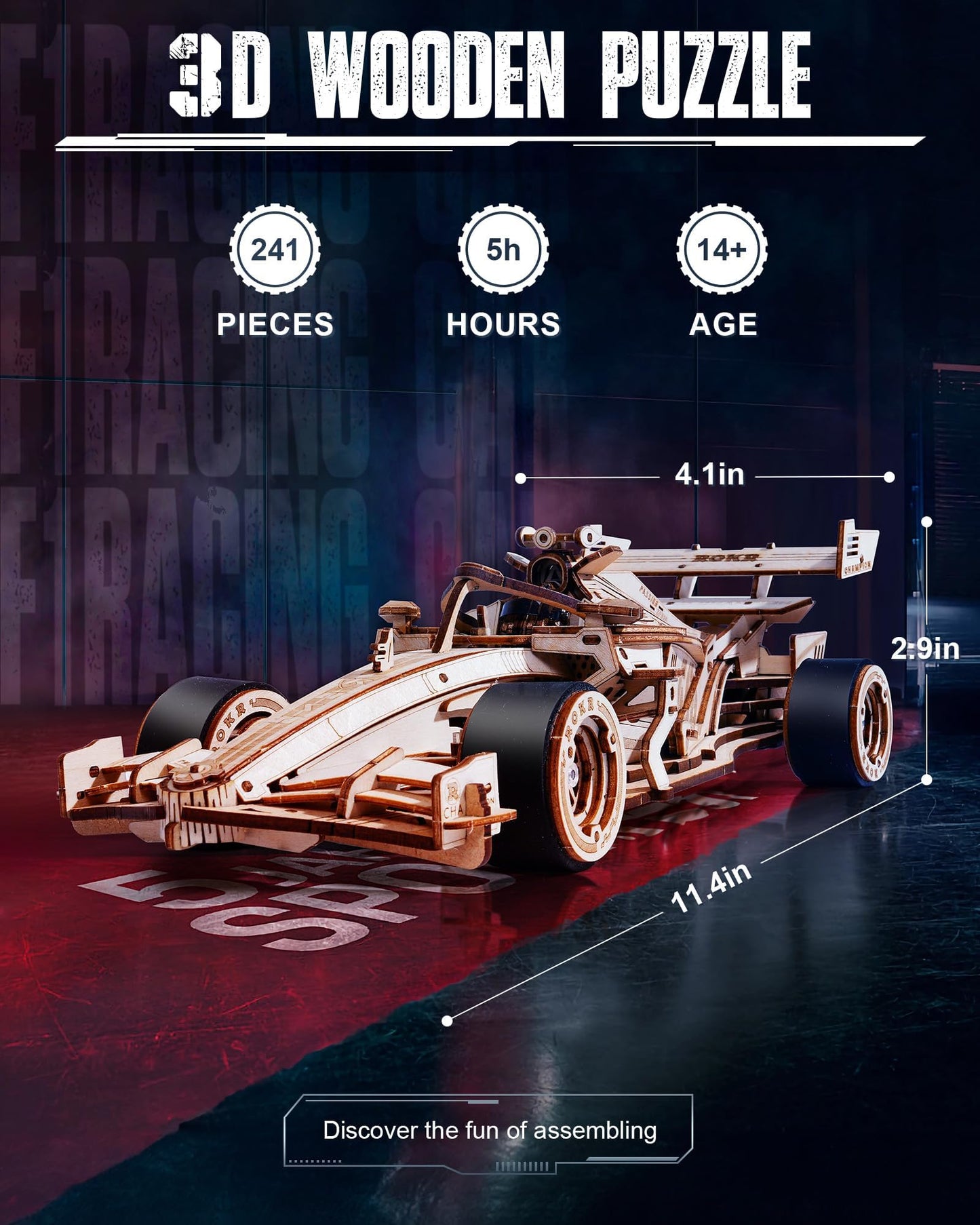 ROKR 3D Wooden Puzzle 1:18 Scale Formula Racing Cars for Adults, 5 Hour Build, Wind up Toys Model Car Kits for Adults to Build, Ideal Gift for Boys and Men