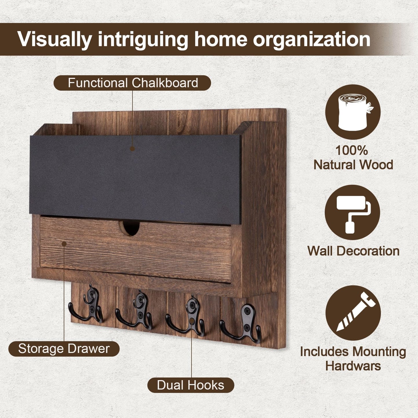 Lucundm Mail and Key Holder Wall Mount with Storage Drawer – Modern Wooden Mail Organizer for Wall Entryway, 7 Key Hooks & Chalkboard Panel – Stylish Home Decor for Apartments, Living Room, Office