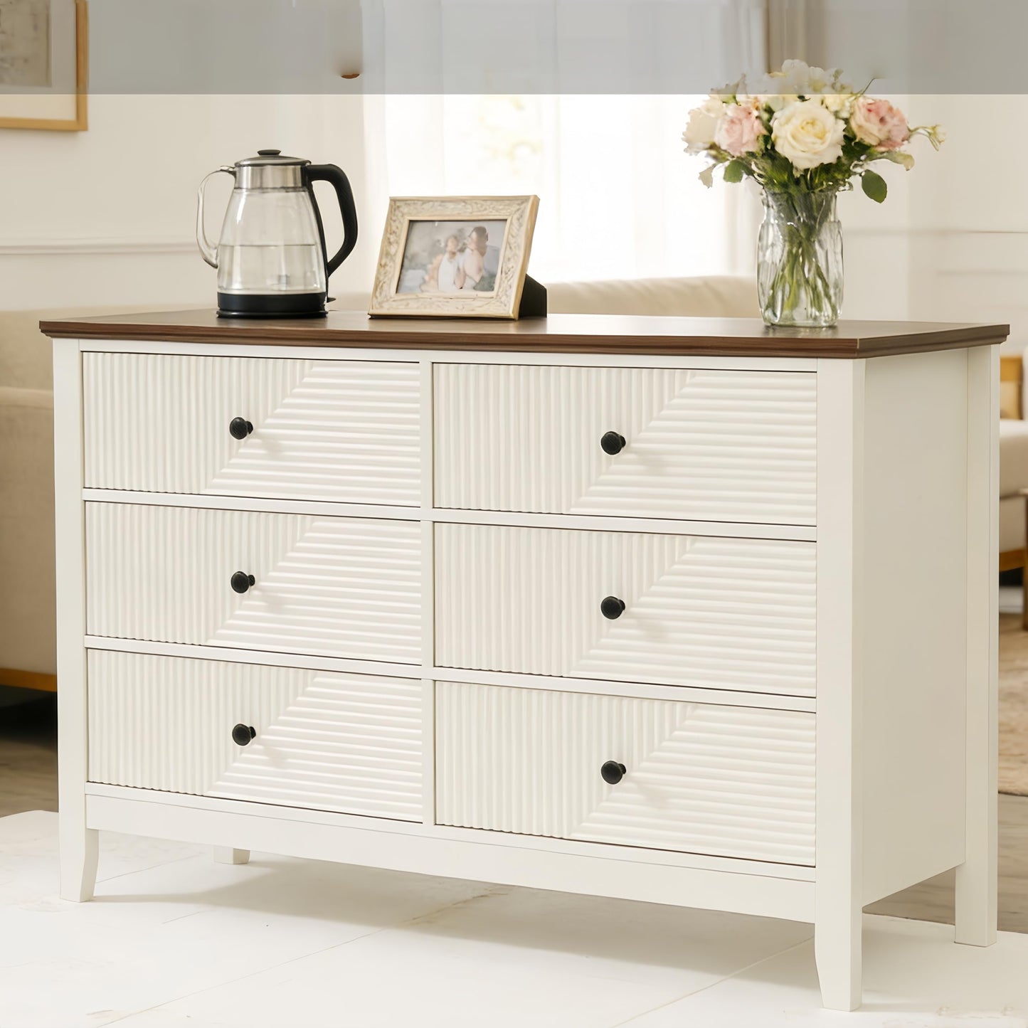 ZOOIQ White 6 Drawer Dresser for Bedroom, 47 Inch Wide Diagonal Grain Grooved Wooden, Brown Panel, Modern TV Stand Storage Cabinet, Suitable for Foyer and Aisle