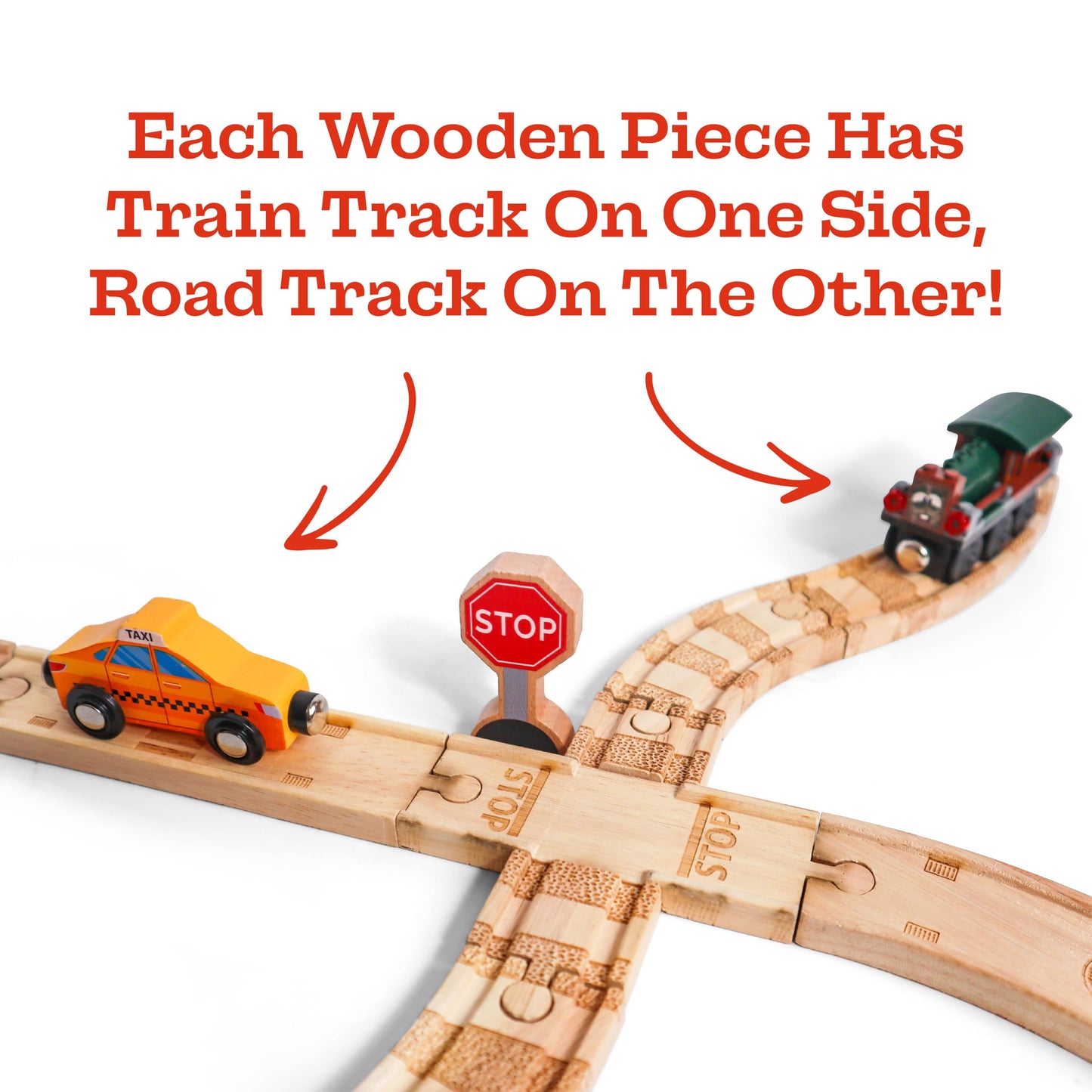 56 Piece Wooden Street and Train Track Set - for Wooden Vehicles and Trains - Train Track Accessories Compatible with All Wood Train Track Sets
