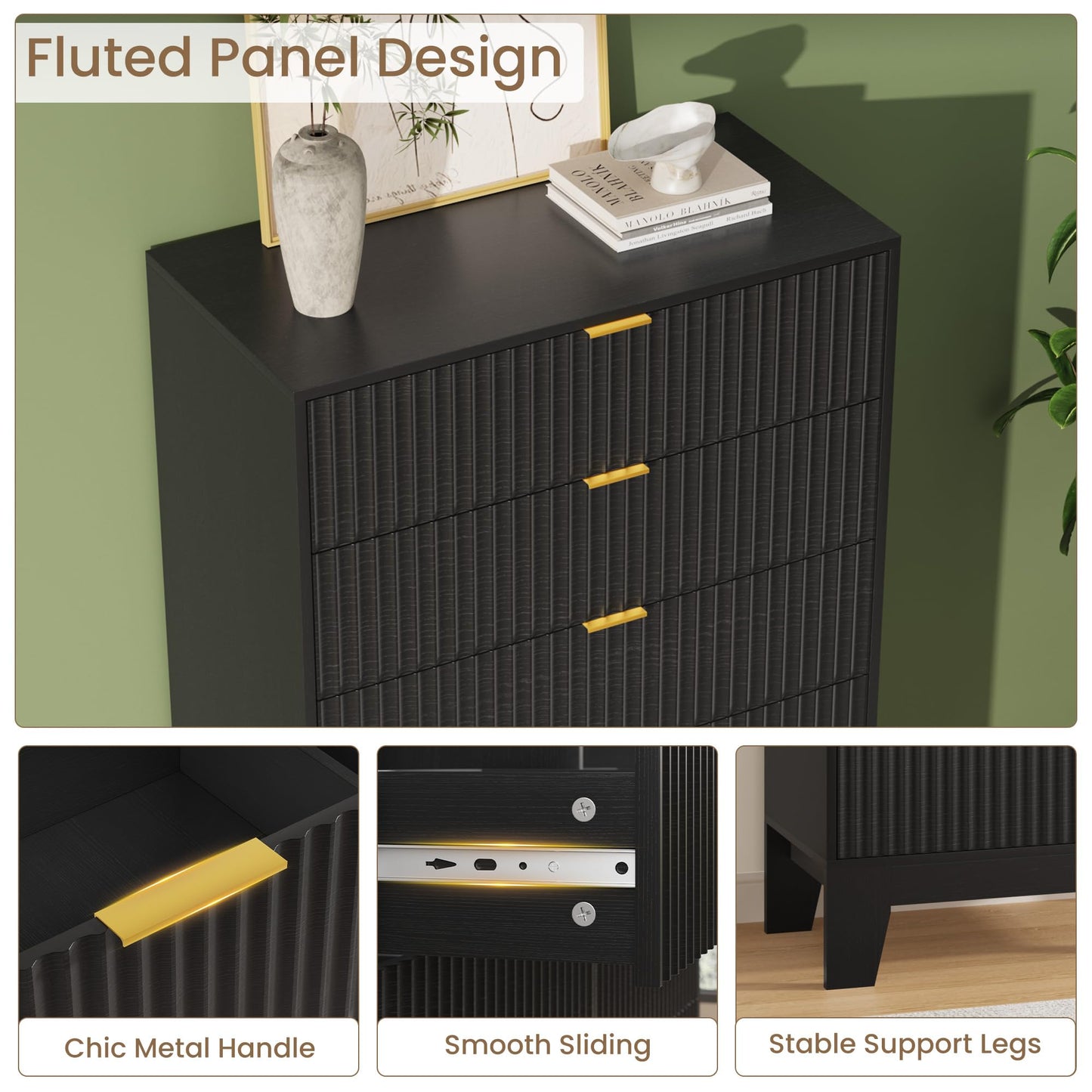 Garvee 5 Drawer Dresser for Bedroom, 47" Tall Fluted Chest of Drawers with Metal Handle, Modern Wooden Dresser TV Stand, Clothes Storage Organizer Wood Closet for Hallway, Entryway, Black