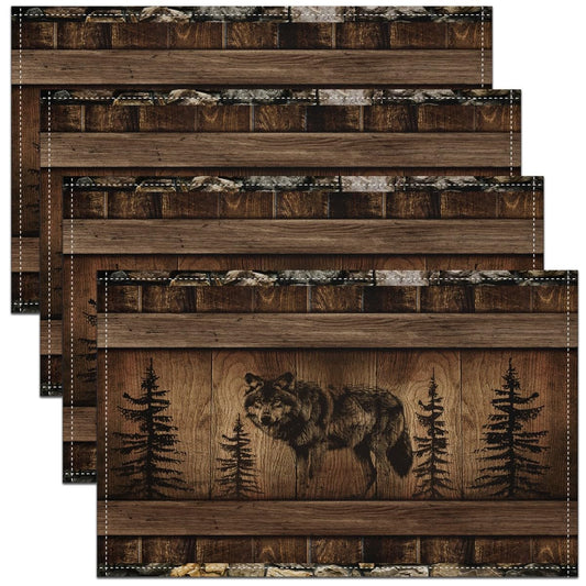 Erosebridal Black Wolf Set of 4 Place Mats 12x18 Inch,3D Wildlife Wolf Table Mats for Kids Boys Girls,Brown Vintage Wooden Placemats,Jungle Safari Animal Waterproof Placemats for Kitchen
