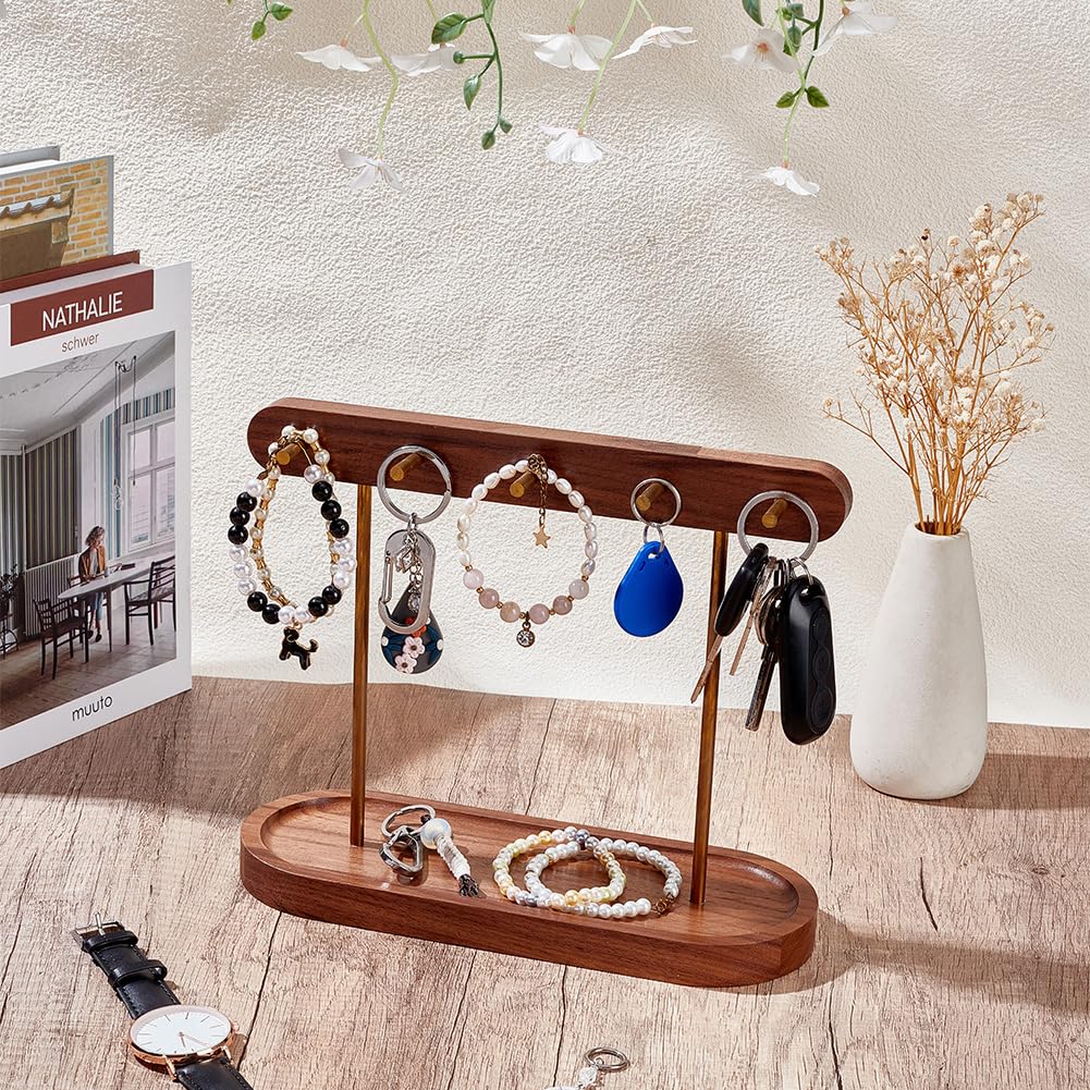 ORIGACH Walnut Key Stand for Entryway Table, Wooden Key Holder with 4 Brass Hooks, Jewelry Trays Perfect Bowl, Valet, Key Tray, Ring Holder, Jewelry Dish