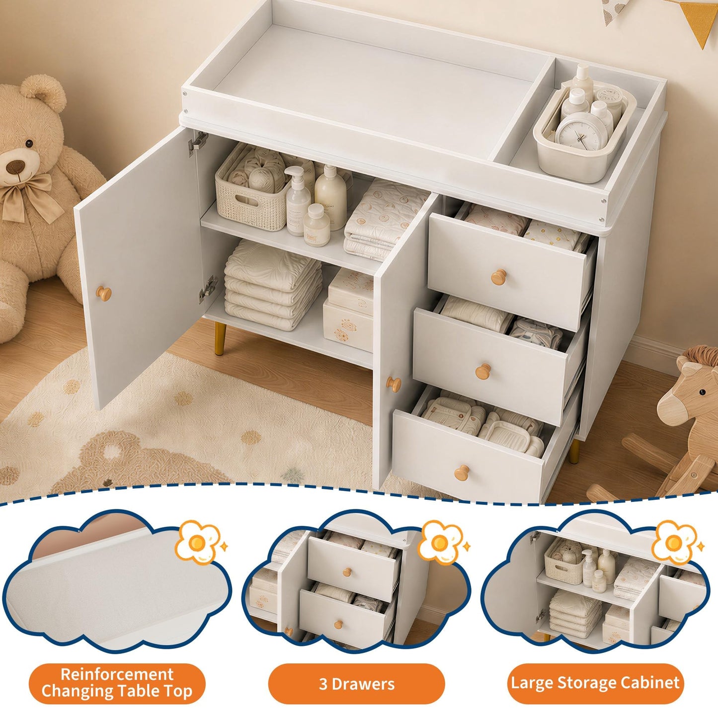 Garvee Baby Changing Table, White Wooden Dresser with 3 Drawers and Cabinet