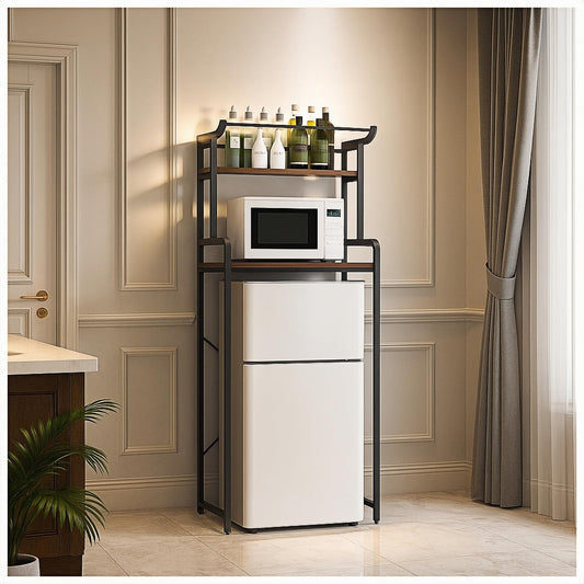 Dorm Mini Fridge Microwave Oven Shelf, with a Free Fridge Hanging Bag, Kitchen Small Fridge Top Space Storage Rack, Wooden and Metal Adjustable Size(23.6" Lx 19.7" W x 58.7" H)