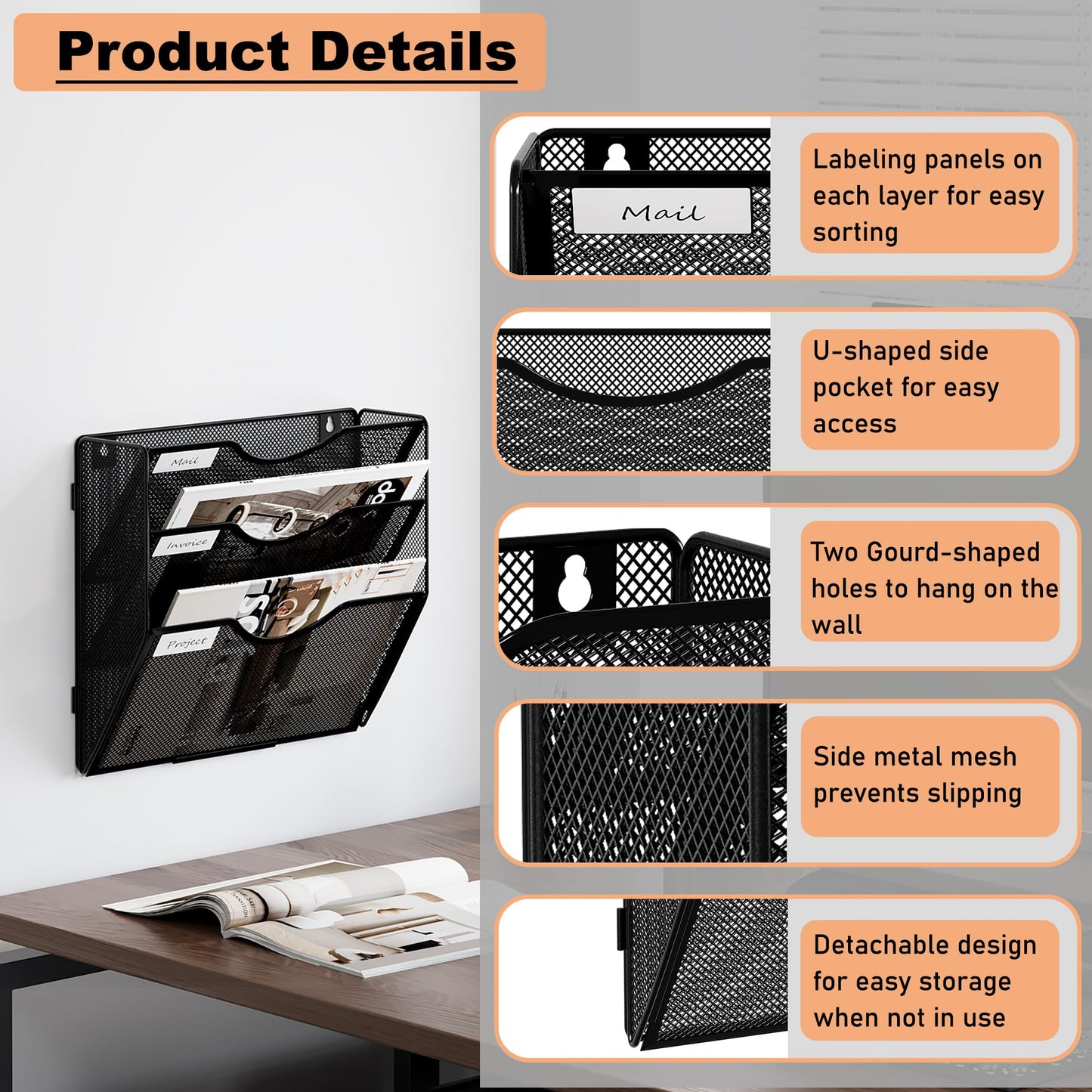 Senhoglb File Folder Organizer, 3-Tier Mesh Hanging Wall File Holder, Magazine Rack, Wall File Organizer With Pockets, Metal Document Organizer, Mail Organizer Wall Mounted for Office Home, Black