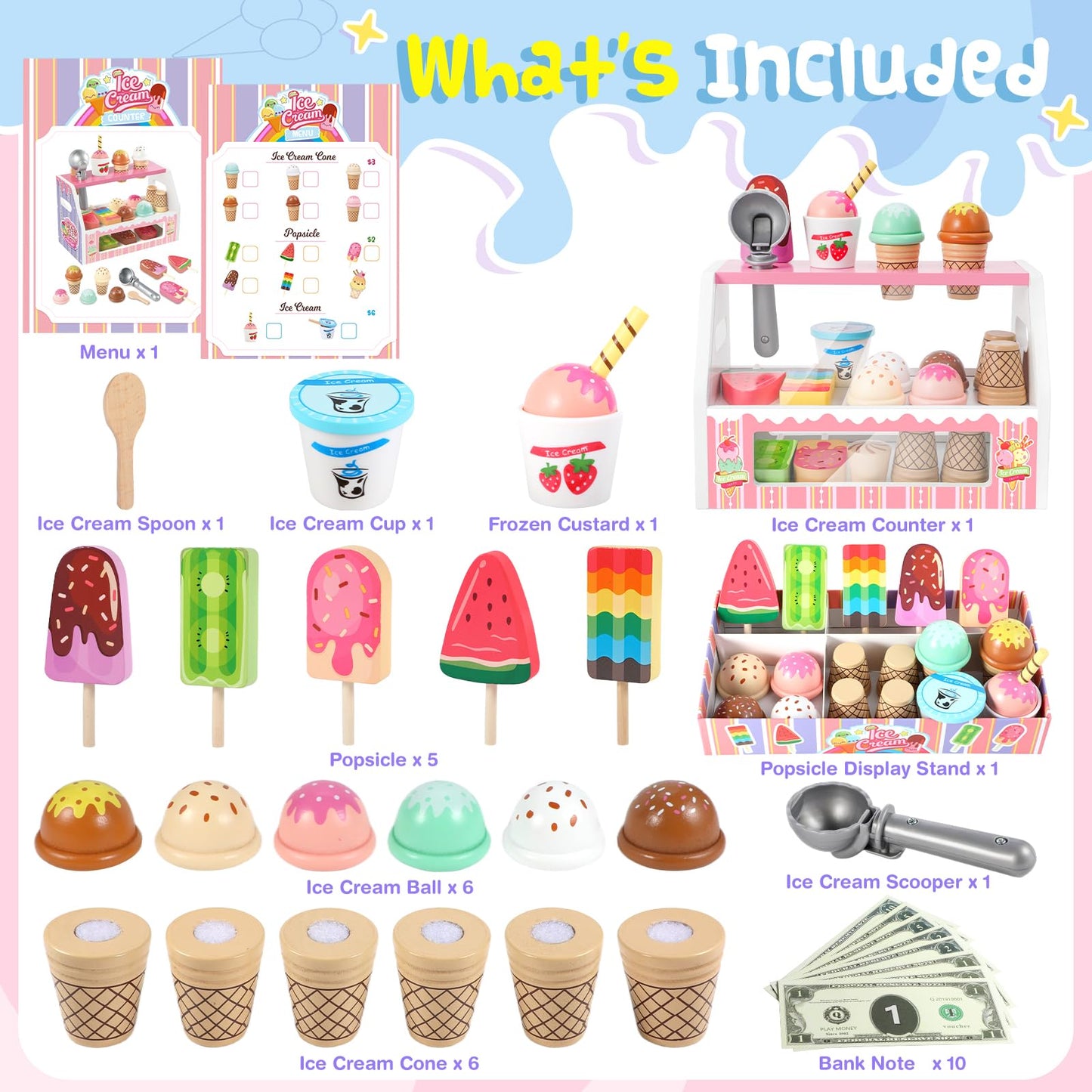 Loscola Ice Cream Toy, Wooden Ice Cream Toys for Kids Toddlers, Pretend Play Kitchen Food Toys, Wooden Play Store Counter Shop Playset for Toddlers, Toy Gift for 3 4 5 6 7 8 Year Old Girls Boys