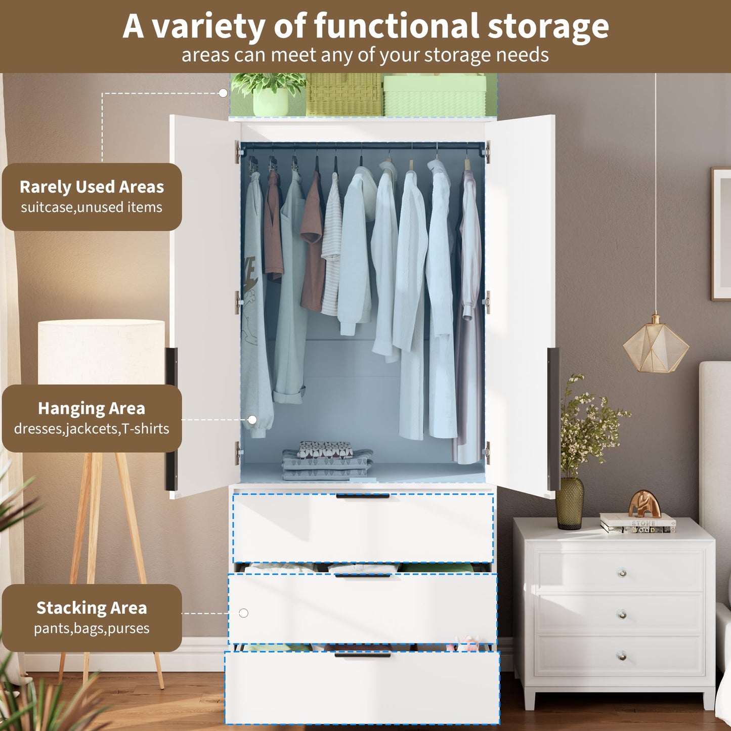 GarveeHome Armoire Wardrobe Closet, 69.5 in Wooden Wardrobe Cabinet with 3 Drawers, Hanging Rod, 2 Doors Clothing Storage Cabinet for Bedroom, Large Capacity Storage, Rattan Door, White