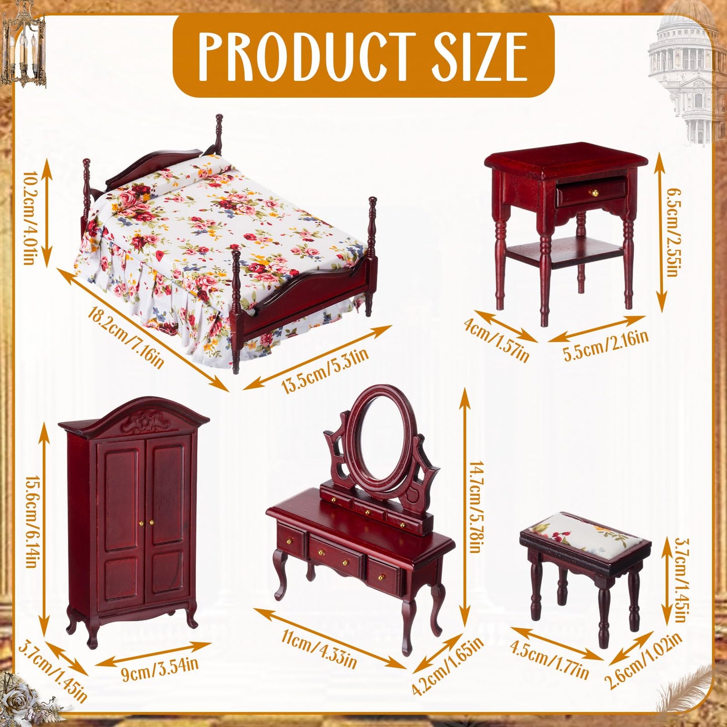 Skylety 7 Pcs Victorian Dollhouse Furniture Set 1: 12 Scale Wooden Mini House Bedroom Furniture and Accessories, Bed Dressing Table Wardrobe Carpet for Adults Toy Gift Miniature Doll House Accessories