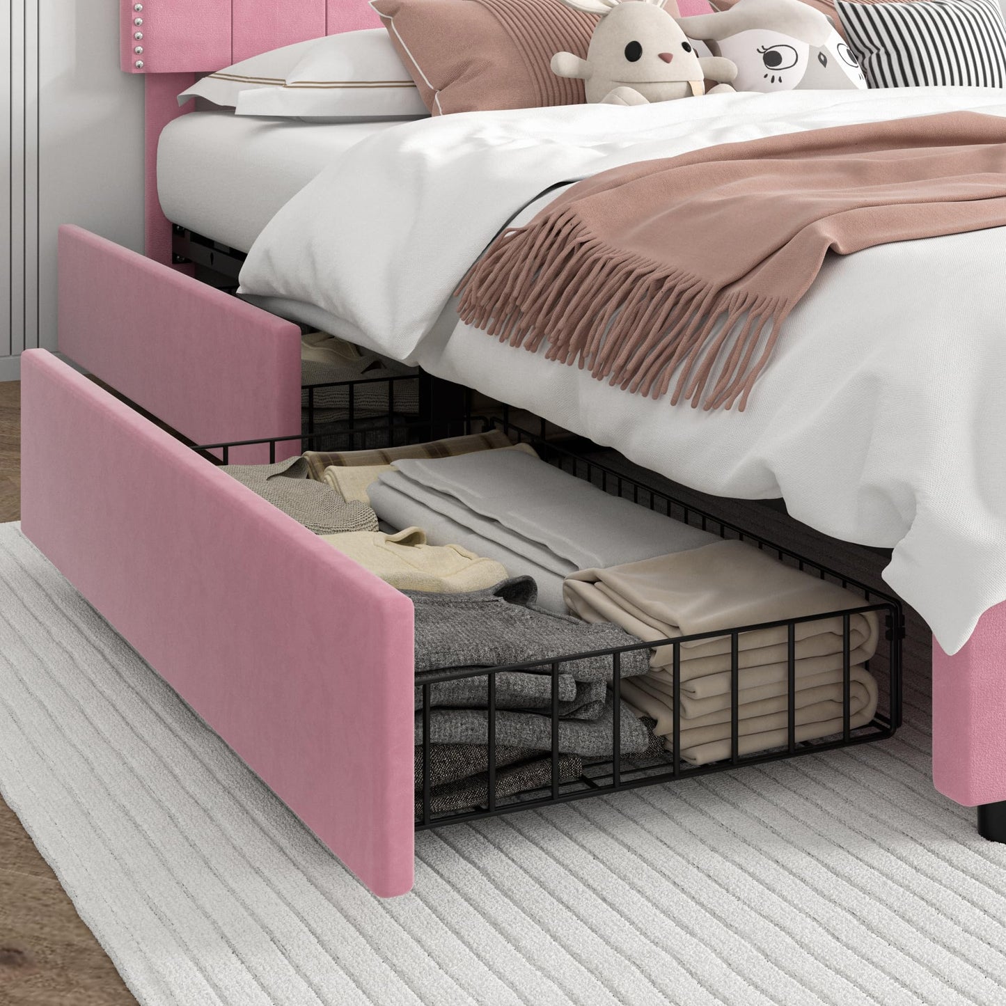 VECELO Full Velvet Upholstered Platform Bed Frame with 4 Rollers Storage Drawers,Full Size Bed with Tufted Height Adjustable Headboard,Wooden Slats/No Box Spring Needed/Easy Assembly