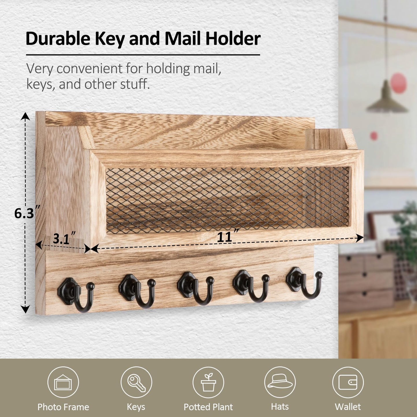 Nekon Mail and Key Holder for Wall Decorative, 11 Inch Wooden Wall Key Organizer with 5 Key Hooks, Wall Mount Storage Shelf for Entryway Hallway (Wood)