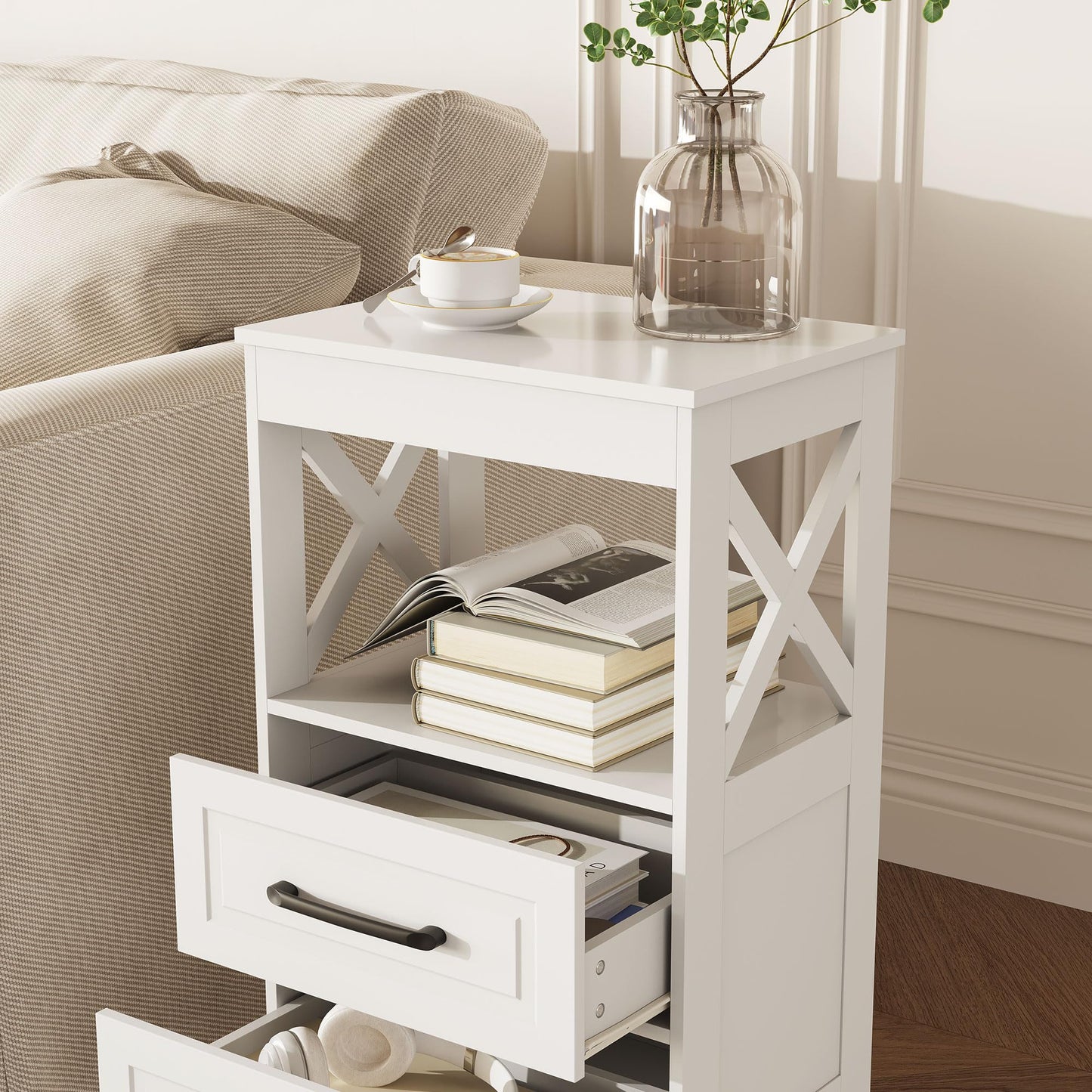 ZYKZYK Tall Nightstand Set of 2 Side Table with 2 Drawers Modern Night Stand Wooden End Table Bedside Table with Upper Open Shelf Solid Feet for Bedroom, White