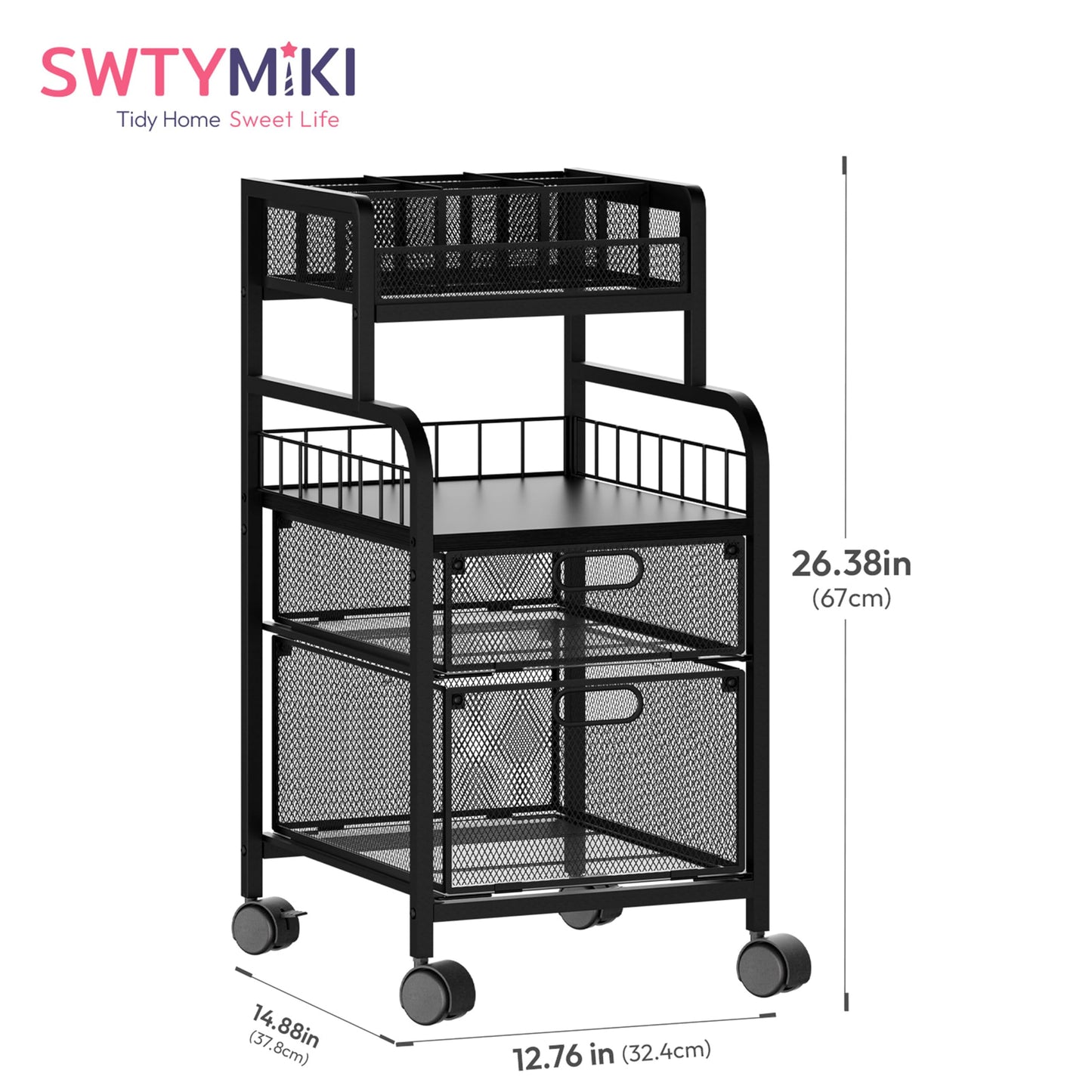SWTYMIKI Rolling Cart with Drawers - Metal Craft Cart with Wheels, DIY Divider and Wood Shelf, Art Supply Organizer for Under Desk Storage, Utility Storage Cart for Home Office Studio, Black