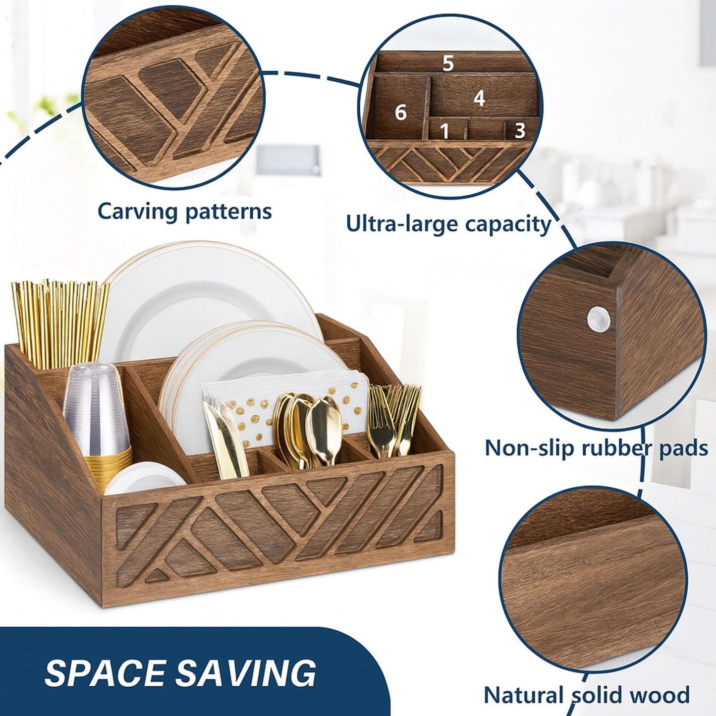 Velvet Petel Paper Plate Dispenser |Paper Plate Holders For Kitchen Counter |Wooden Utensil Holder Silverware Organizer |Cutlery Flatware Organizer Box For Cups, Plates, Cutlery,Kitchen Accessories