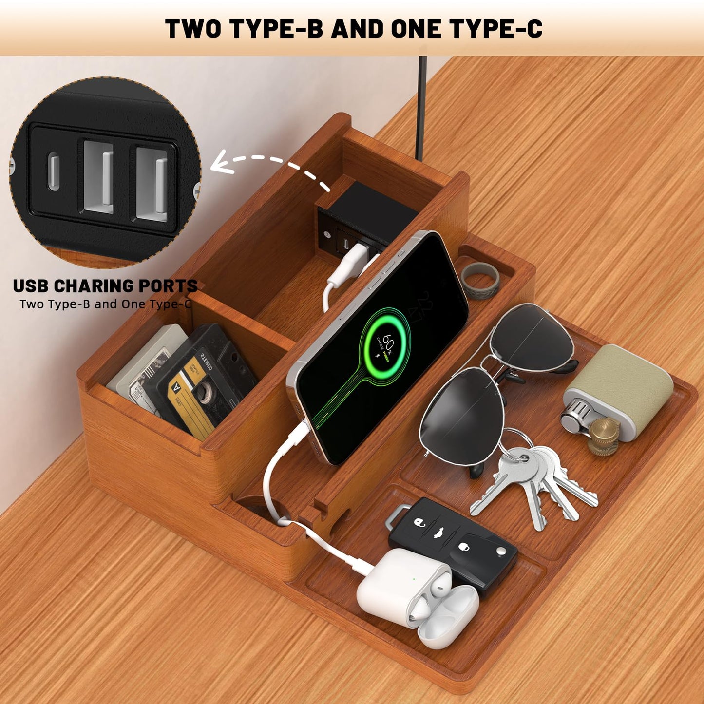 Valet Tray, Nightstand Organizer with Charging Station, Assembly-Free 3 Layer Wood Valet Tray for Men, Phone Docking Station with USB Ports for Watch, Jewelry & Accessories, Nice Gift (Stylish Brown)