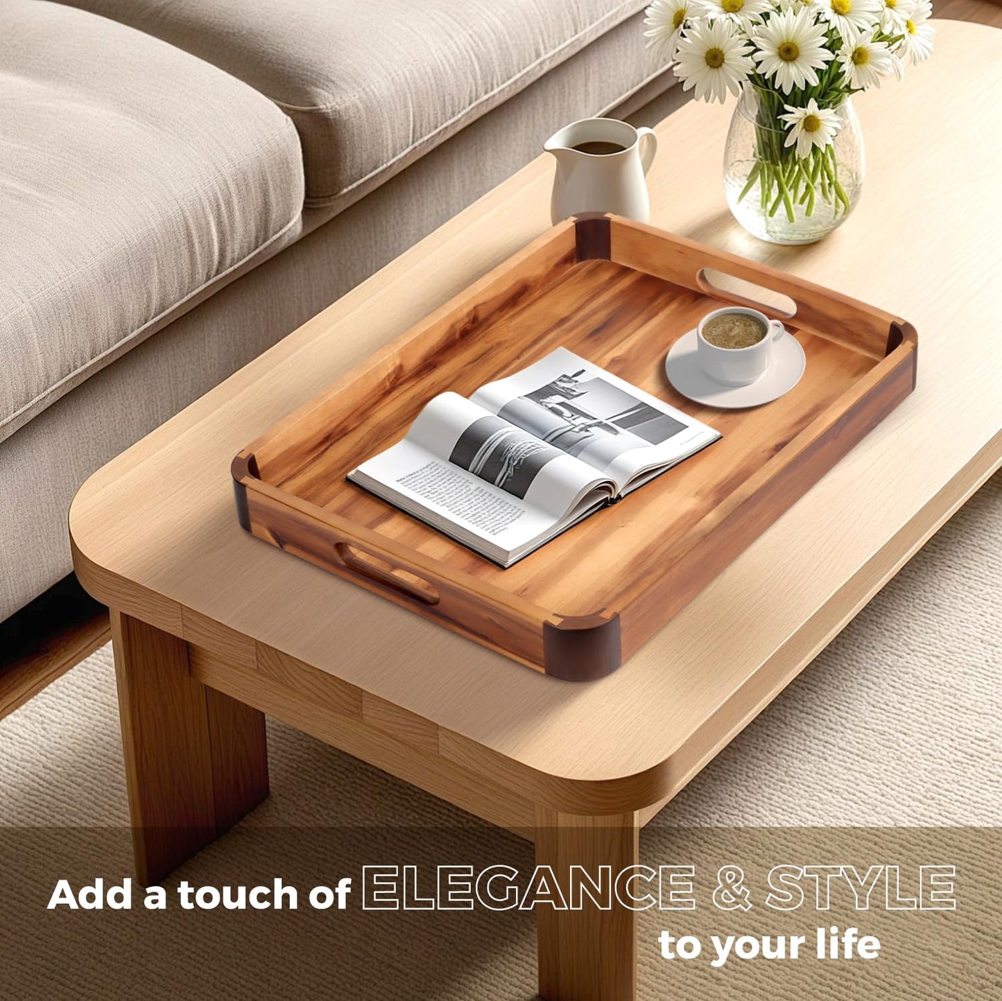 17 x 13 Inch Acacia Wood Serving Tray with Handles, Decorative Wooden Tray Featuring Dark Walnut-Tone Curved Corner Accents for Coffee Table, Ottoman & Kitchen Counter...