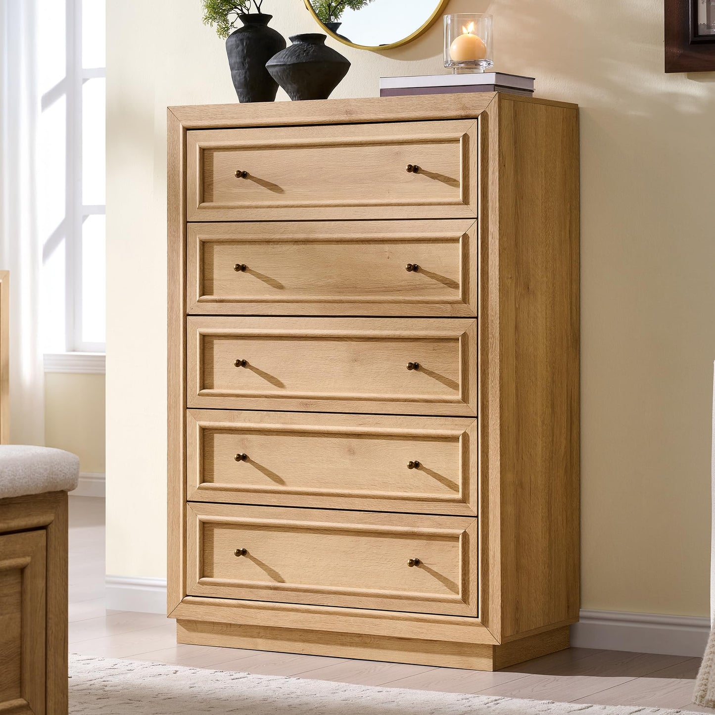ACCOHOHO 5 Drawer Dresser with Two Included Base Styles, 46" Tall Chest of Drawers, Transitional Modern Closet Dresser with Antique Brass Knobs, Wooden Dresser for Bedroom, Living Room, Natural Oak