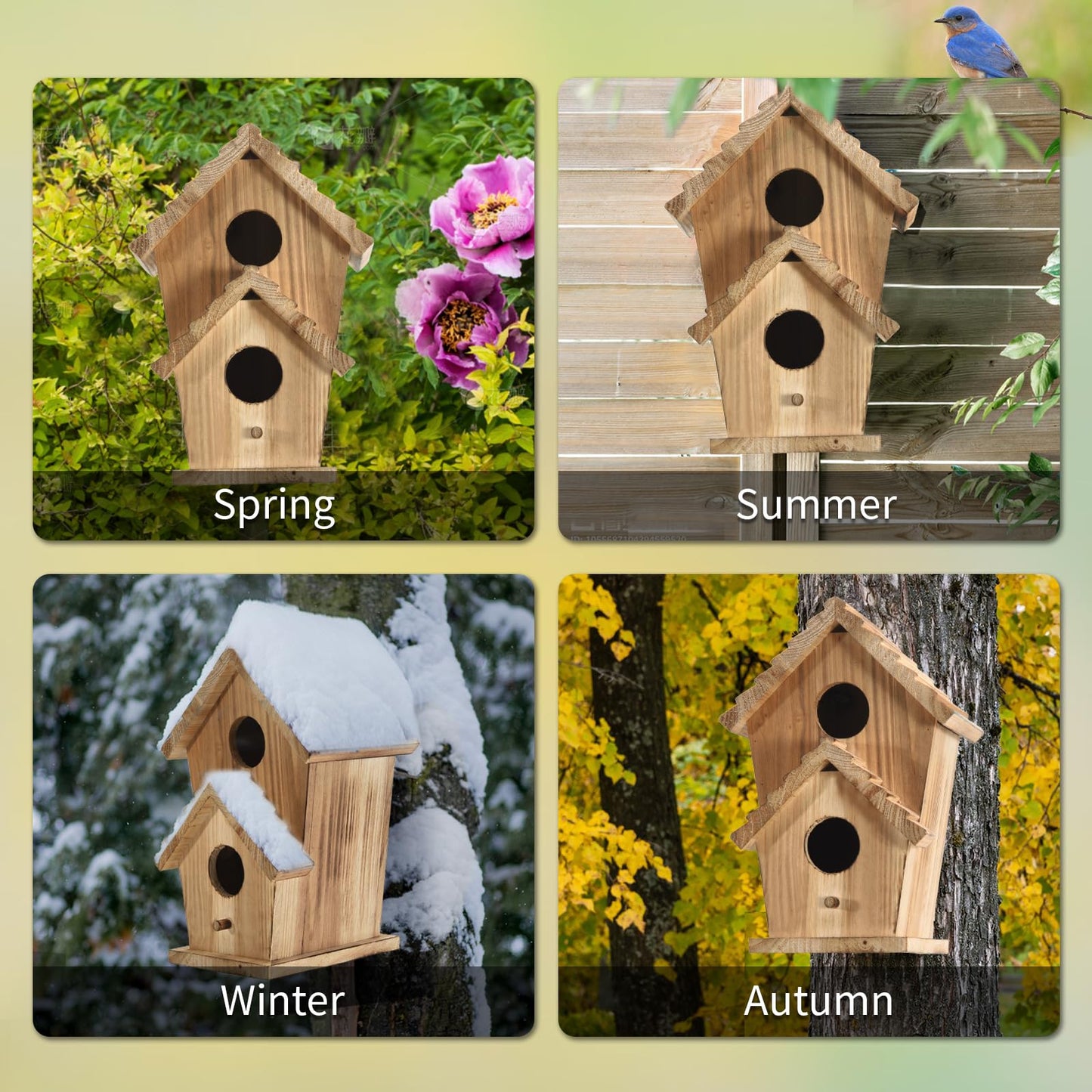 Bird Houses for Outside, Wooden Outdoor 2 Hole Bird House, Can Accommodate 2 Bird Families Suitable for Bluebird,Finch,Cardinals, Garden Hanging Birdhouse No Assembly Required