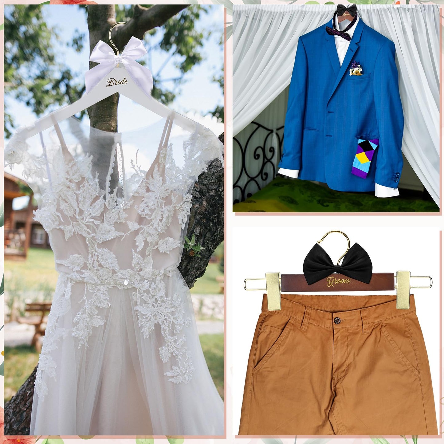 Beeveer 3 Pcs Bride and Groom Hangers for Dress Suit with Clips Wedding Wooden Hanger with Bow Tie for Mr and Mrs Shirt Tuxedo Suit Bridal Wedding Gift Bridesmaid Party Shower