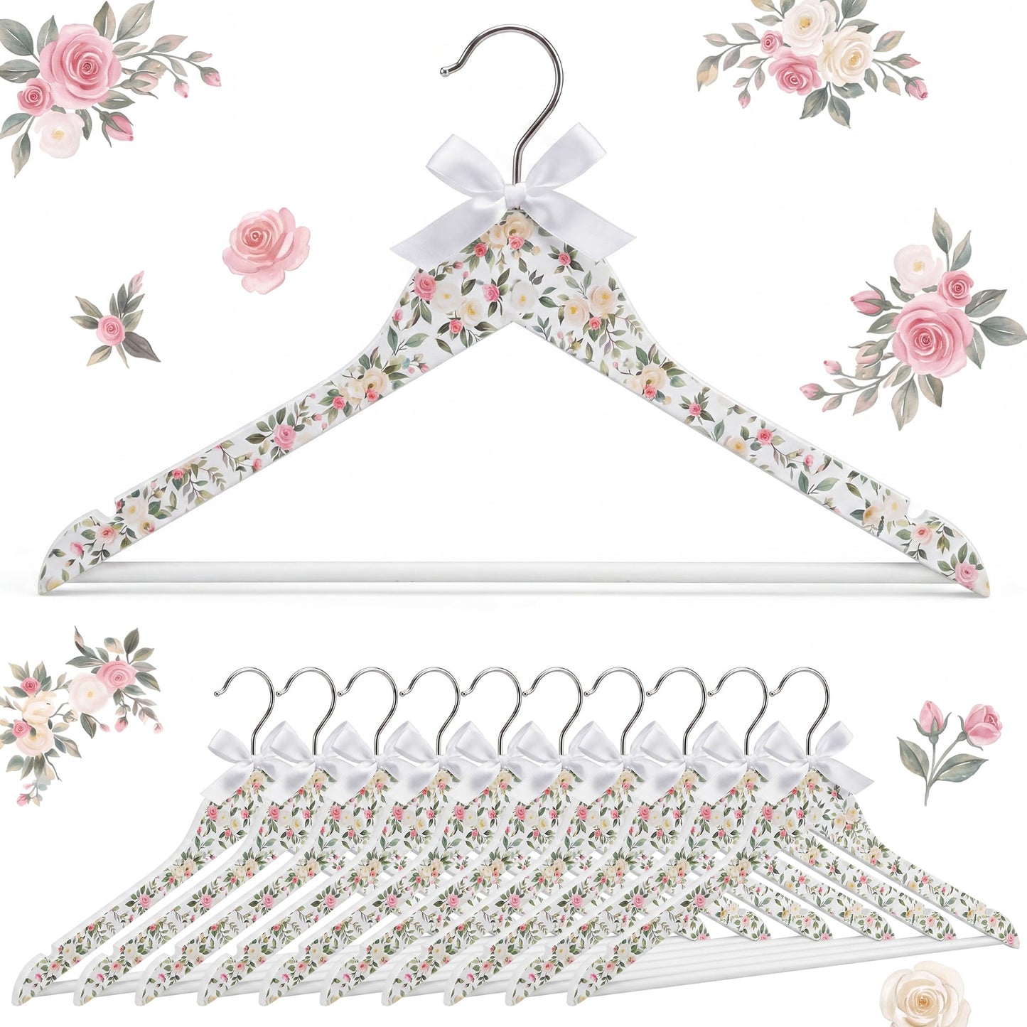 Junkin 10 Pcs Bridesmaid Hangers for Wedding Dress White Floral Bride Wooden Hanger for Bride Cute Bow Hangers for Bridal Shower Party Gift Tuxedo Photo