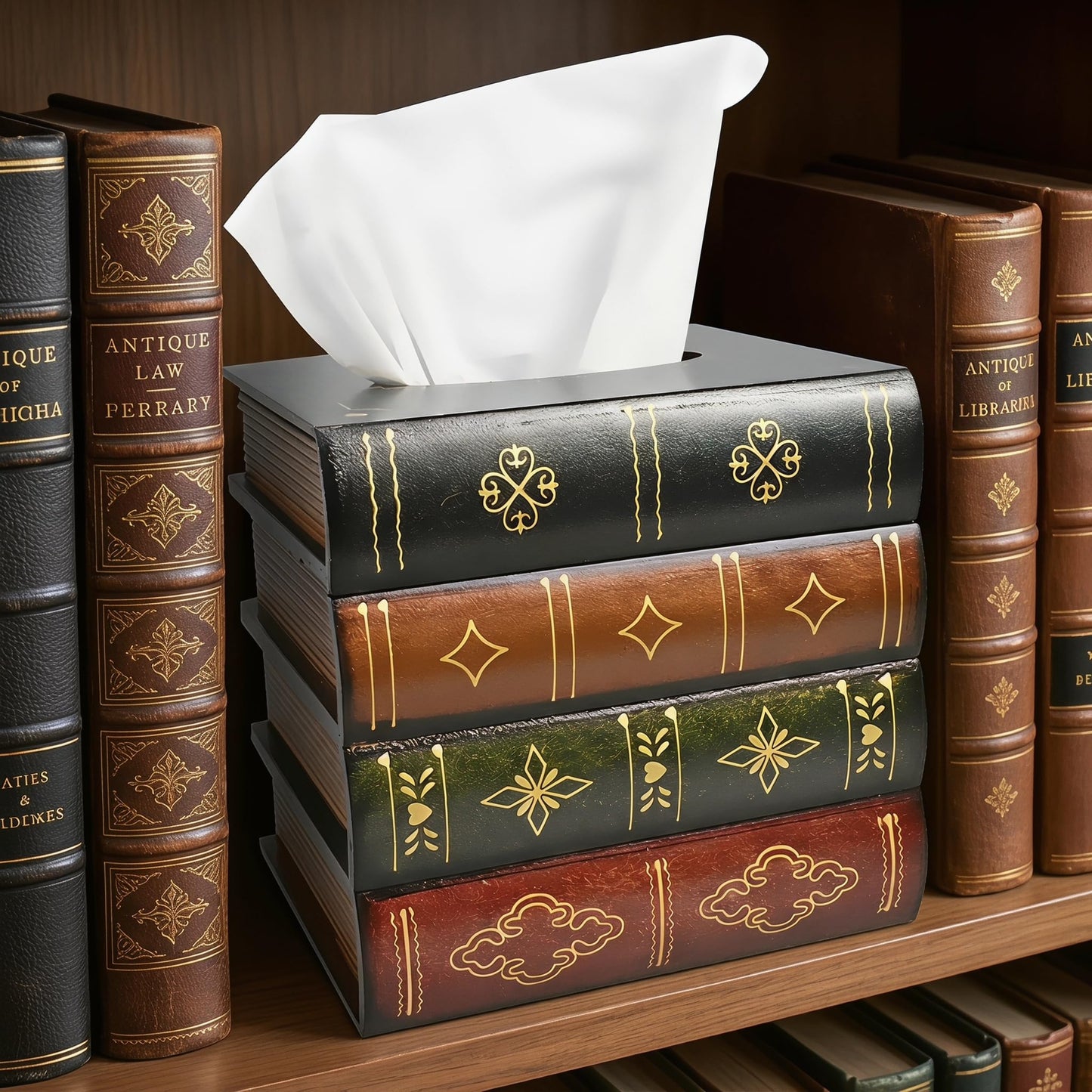 Hand-Made Retro Wooden Antique Book Tissue Box Cover Square Tissue Holder Dispenser Paper Cover Case Napkin Holder Home Decor for Bathroom Living Room Office car Kitchen (Dark Green)