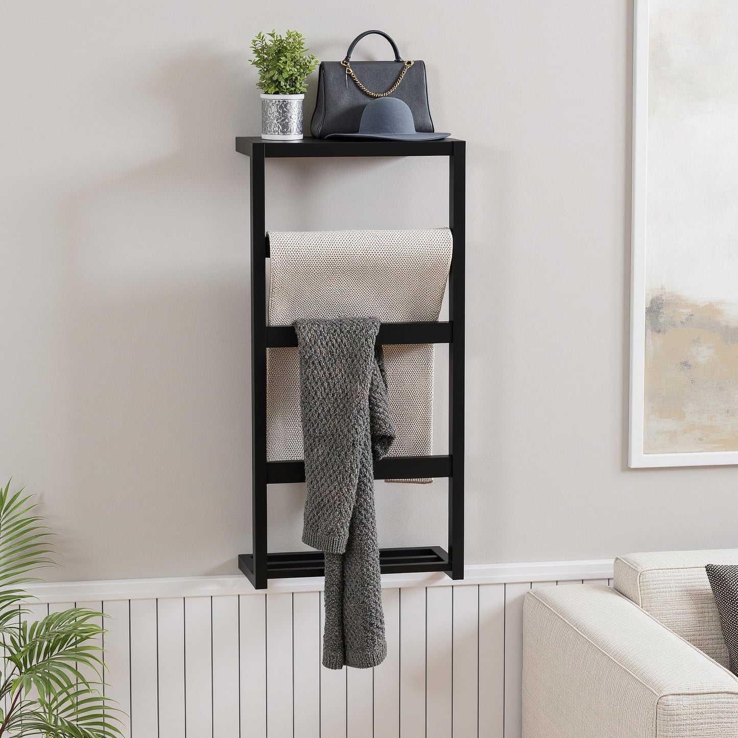 Bamboo Wall Blanket Ladder, 4-Tier Towel Racks, Bamboo Bath Towel Racks for Bathroom Wall Mounted, Decorative Blanket, Quilt, Towel, Scarf Ladder Shelves for Bathroom, Living Room, Bedroom， Black