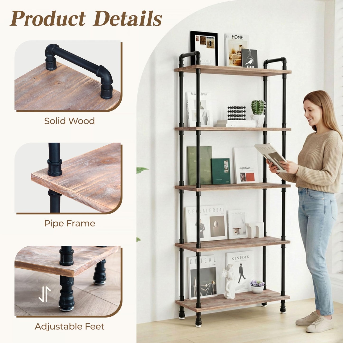 Anynice Industrial Bookshelf, Rustic Open Bookcase, 5 Tier Wood and Metal Bookshelf, Solid Pine Wood and Iron Pipe Tall Narrow Storage Shelf for Living Room Bedroom Office Kitchen